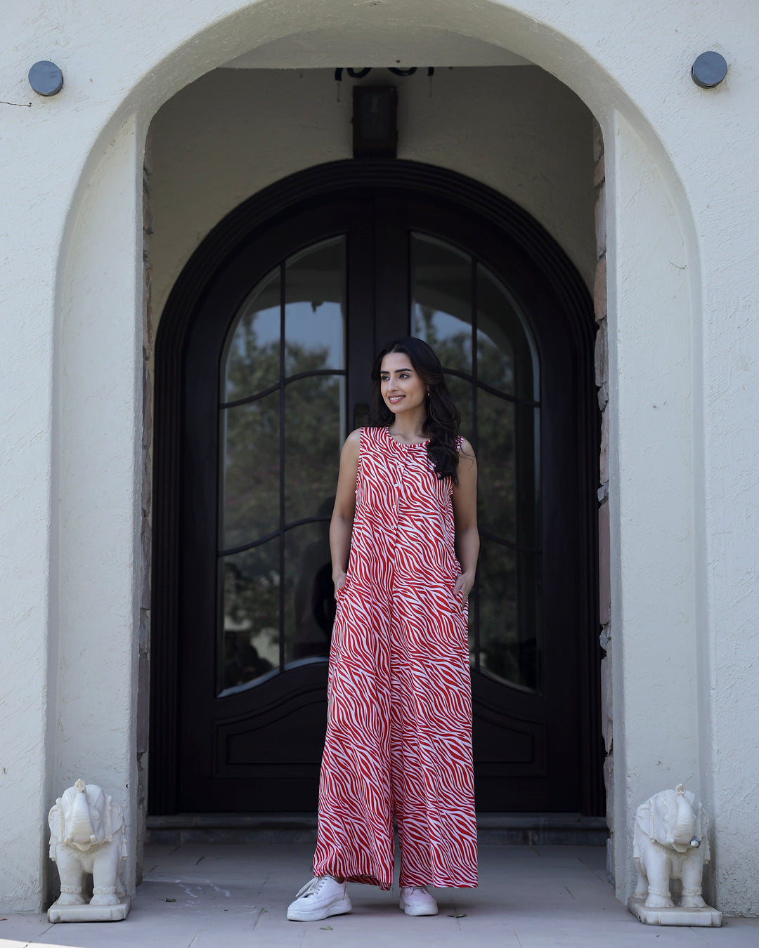 TIGER Printed red sleeveless Jumpsuit - SanskrutiHomes
