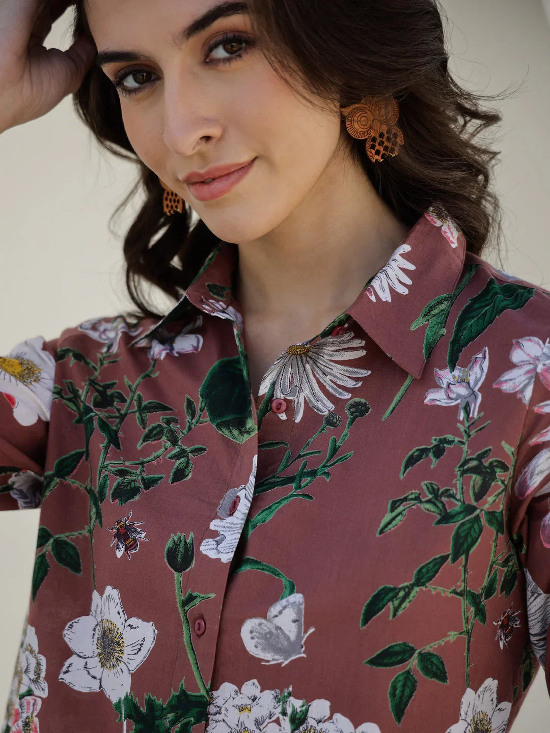 Brown Floral Printed Cotton Night Suit for Women - SanskrutiHomes