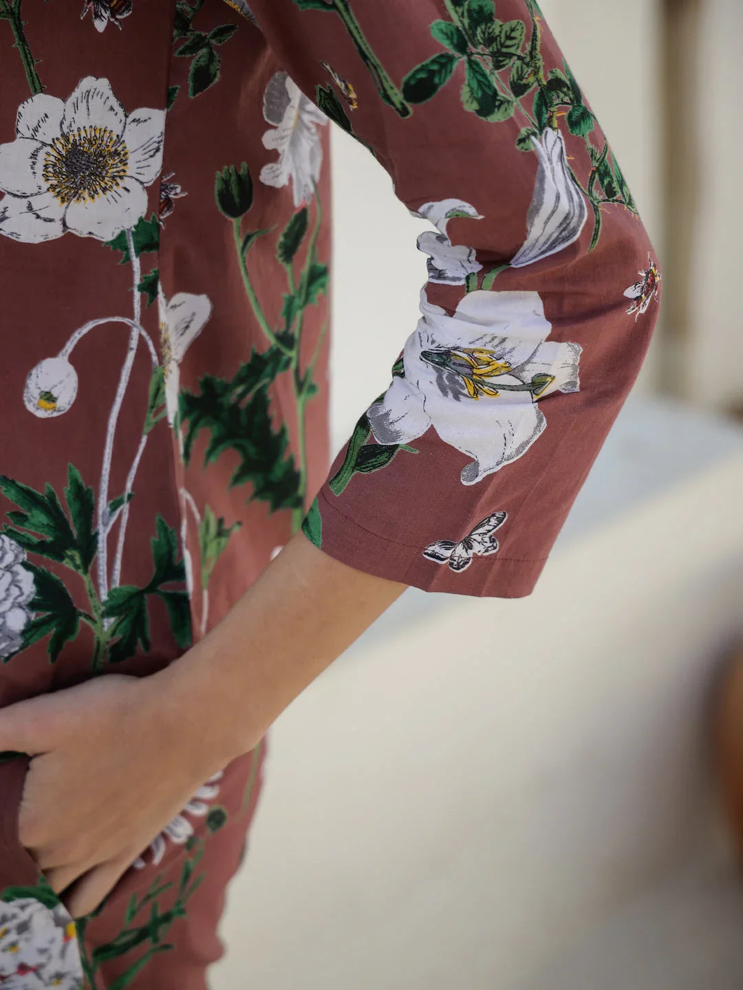 Brown Floral Printed Cotton Night Suit for Women - SanskrutiHomes