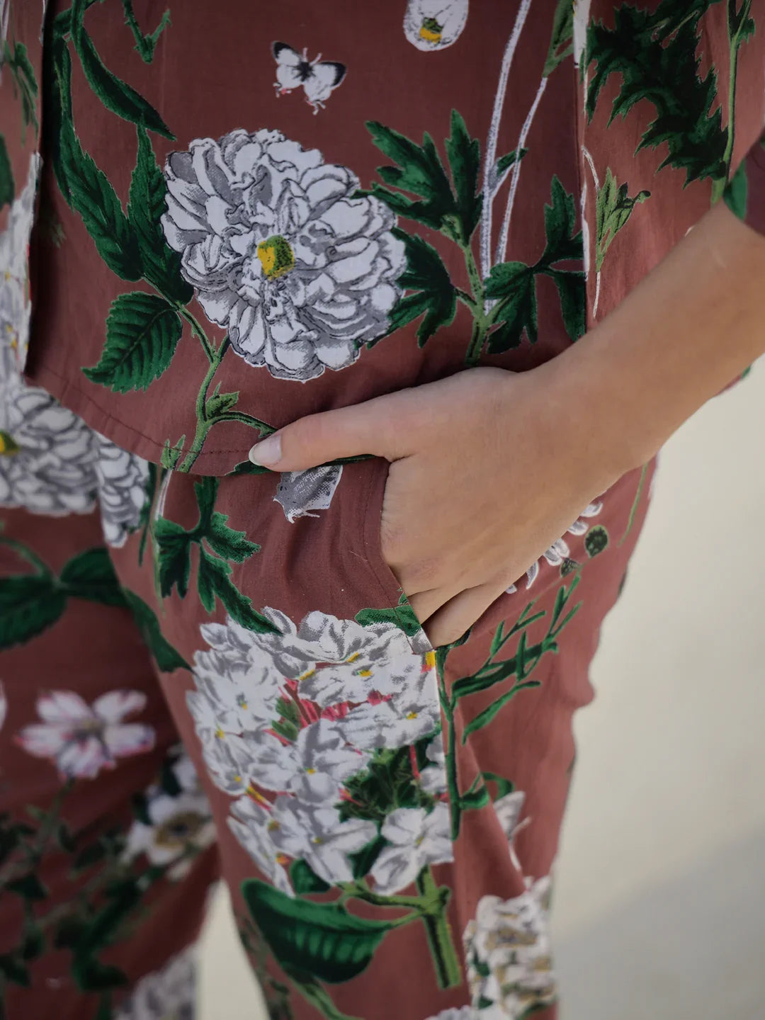 Brown Floral Printed Cotton Night Suit for Women - SanskrutiHomes