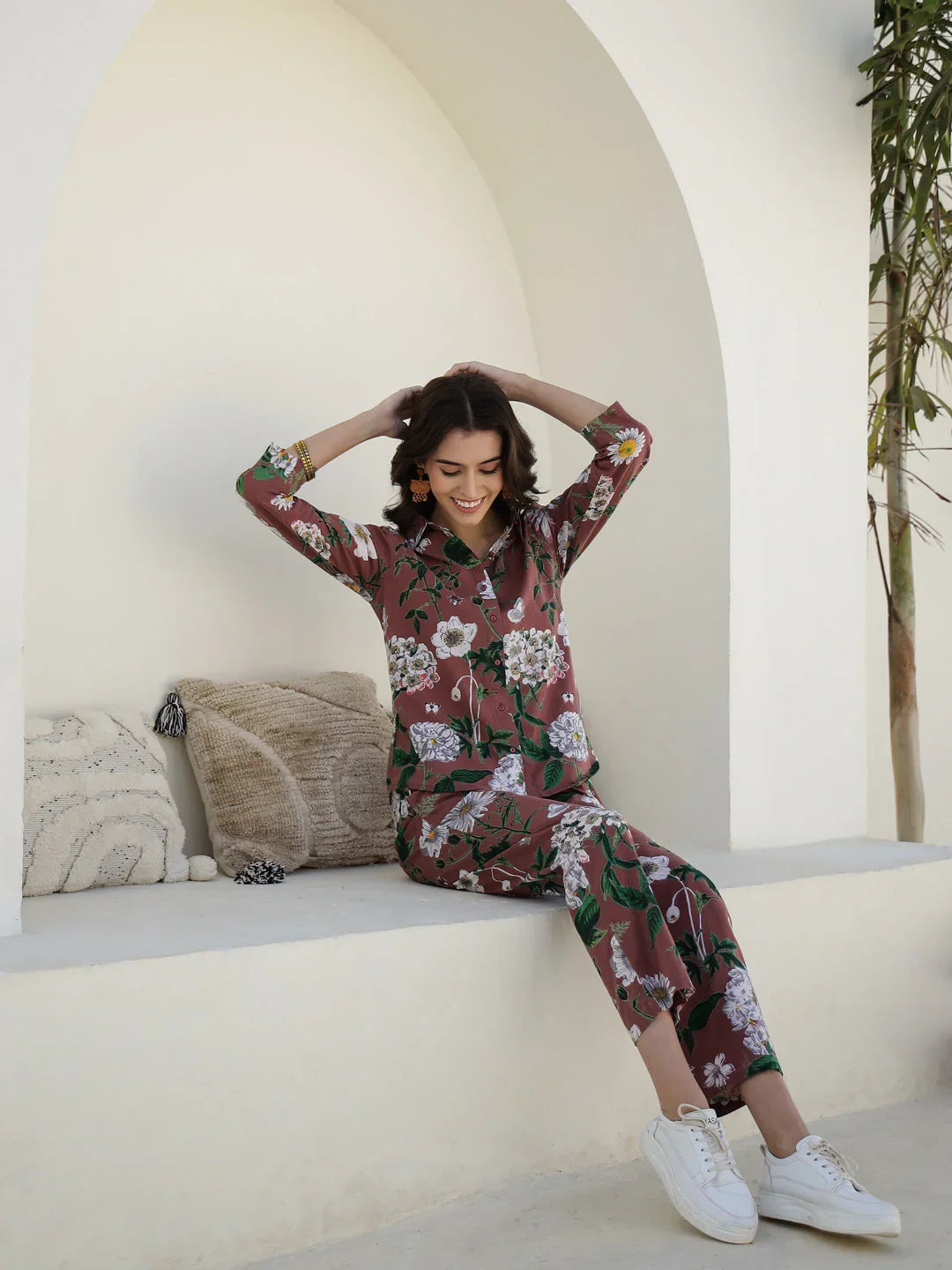 Brown Floral Printed Cotton Night Suit for Women - SanskrutiHomes