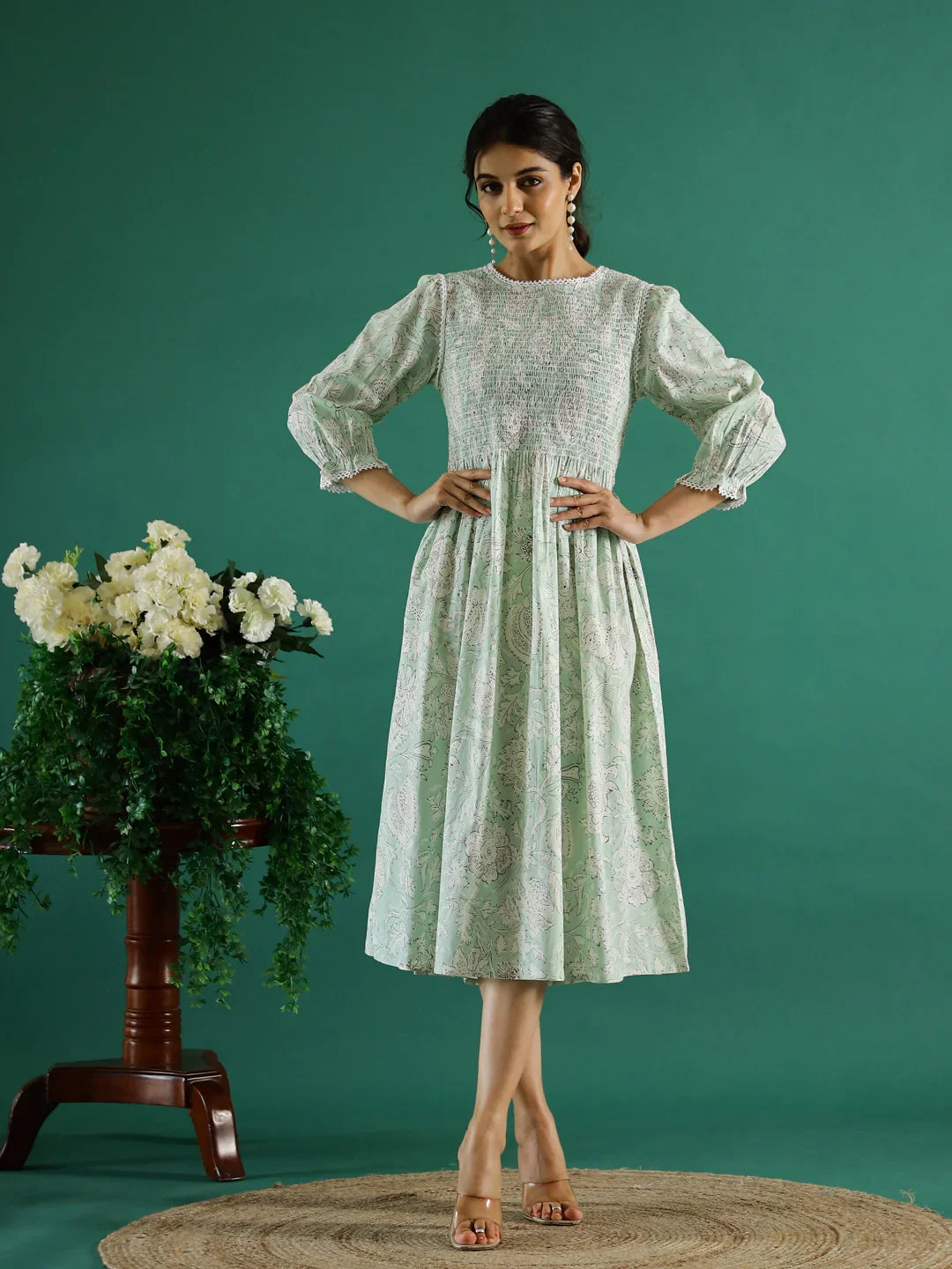 Women Green Floral Brocade Anarkali Maxi Kurta