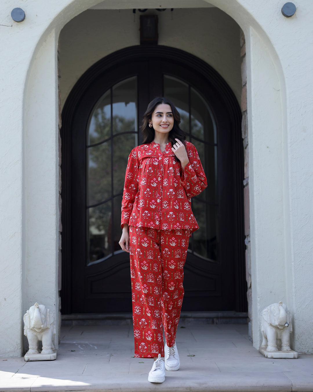 Carmine red Cotton Night Suit Set