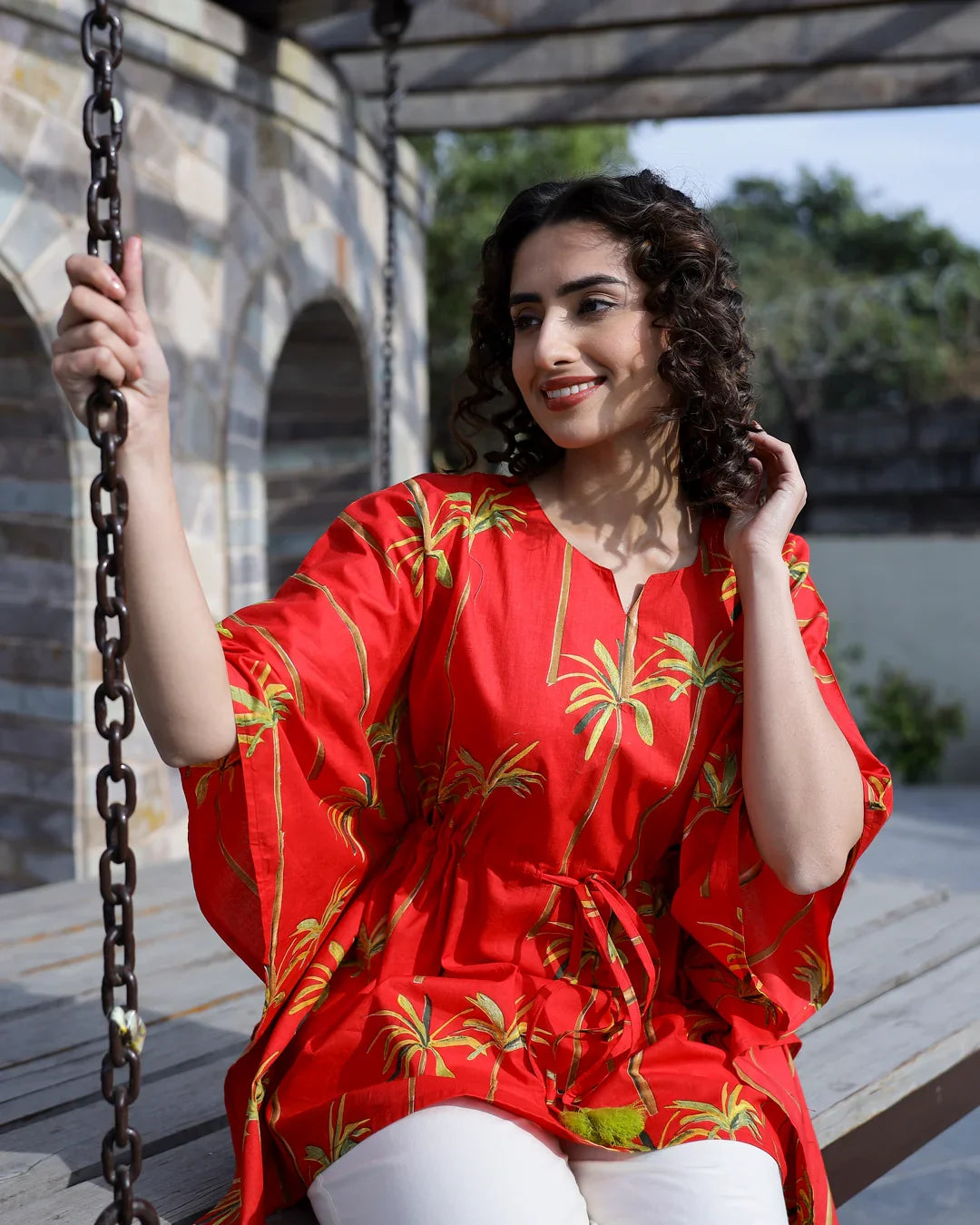 Red Pure Cotton Kaftan Set - SanskrutiHomes