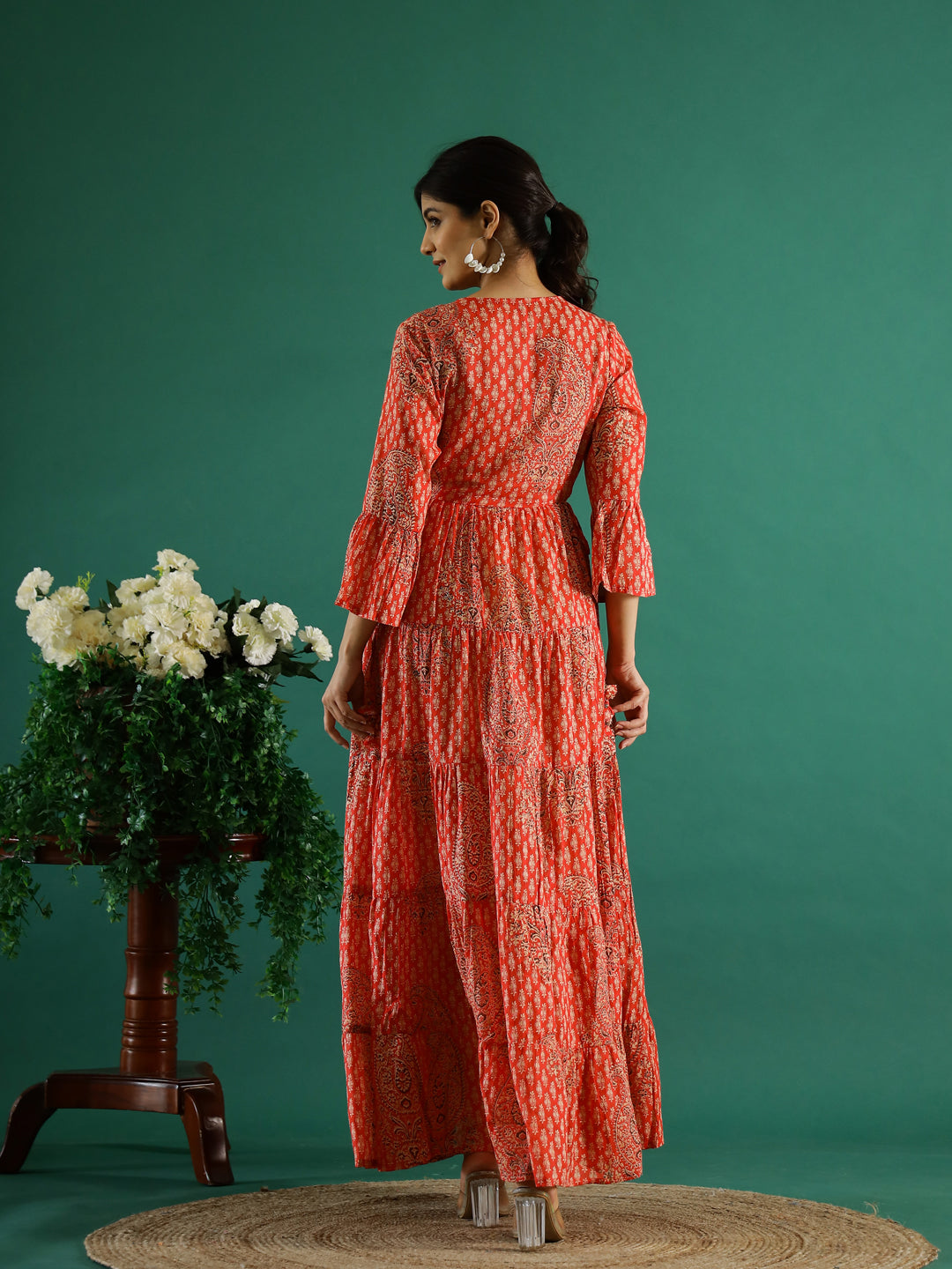 Orange Printed Round Neck Dress For Women