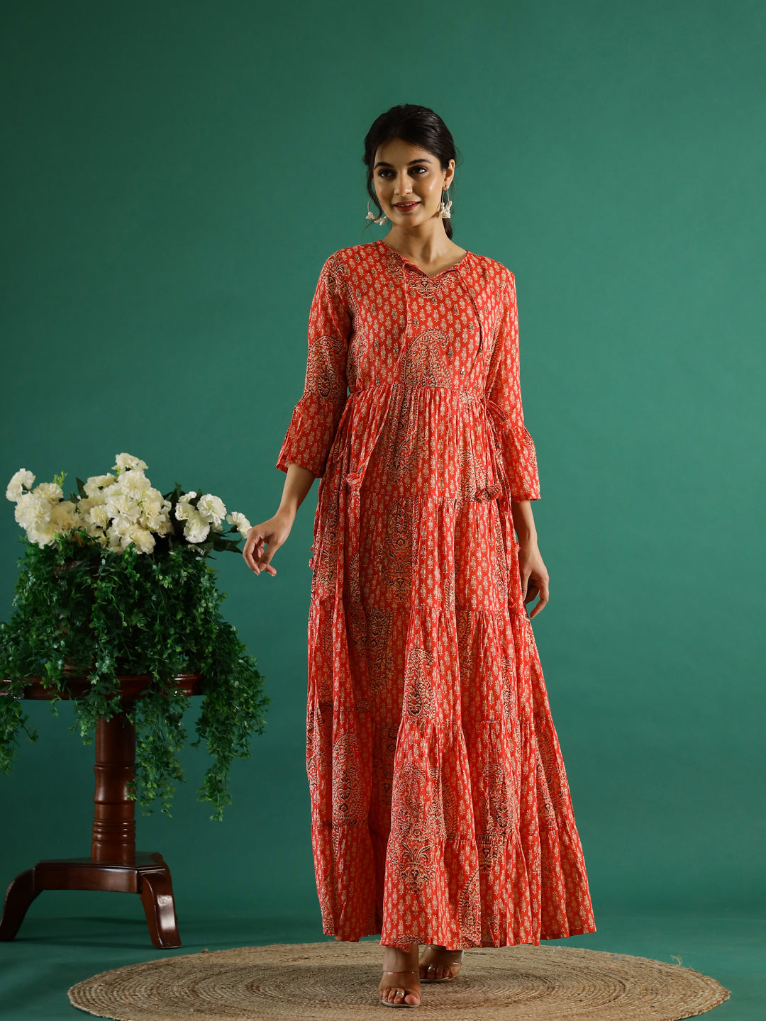 Orange Printed Round Neck Dress For Women