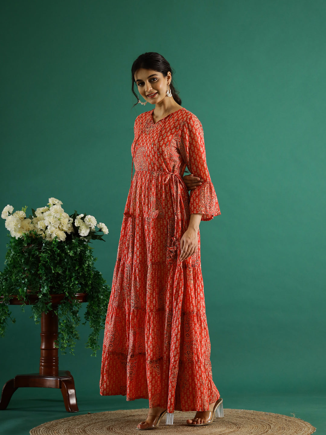 Orange Printed Round Neck Dress For Women