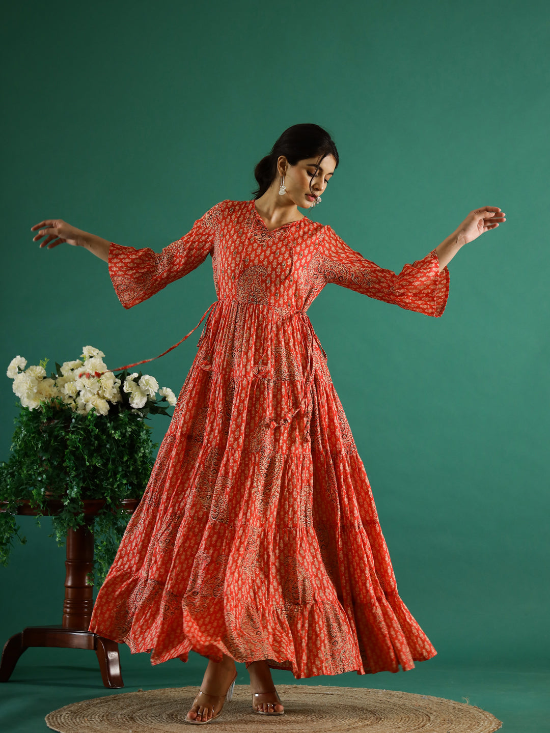 Orange Printed Round Neck Dress For Women