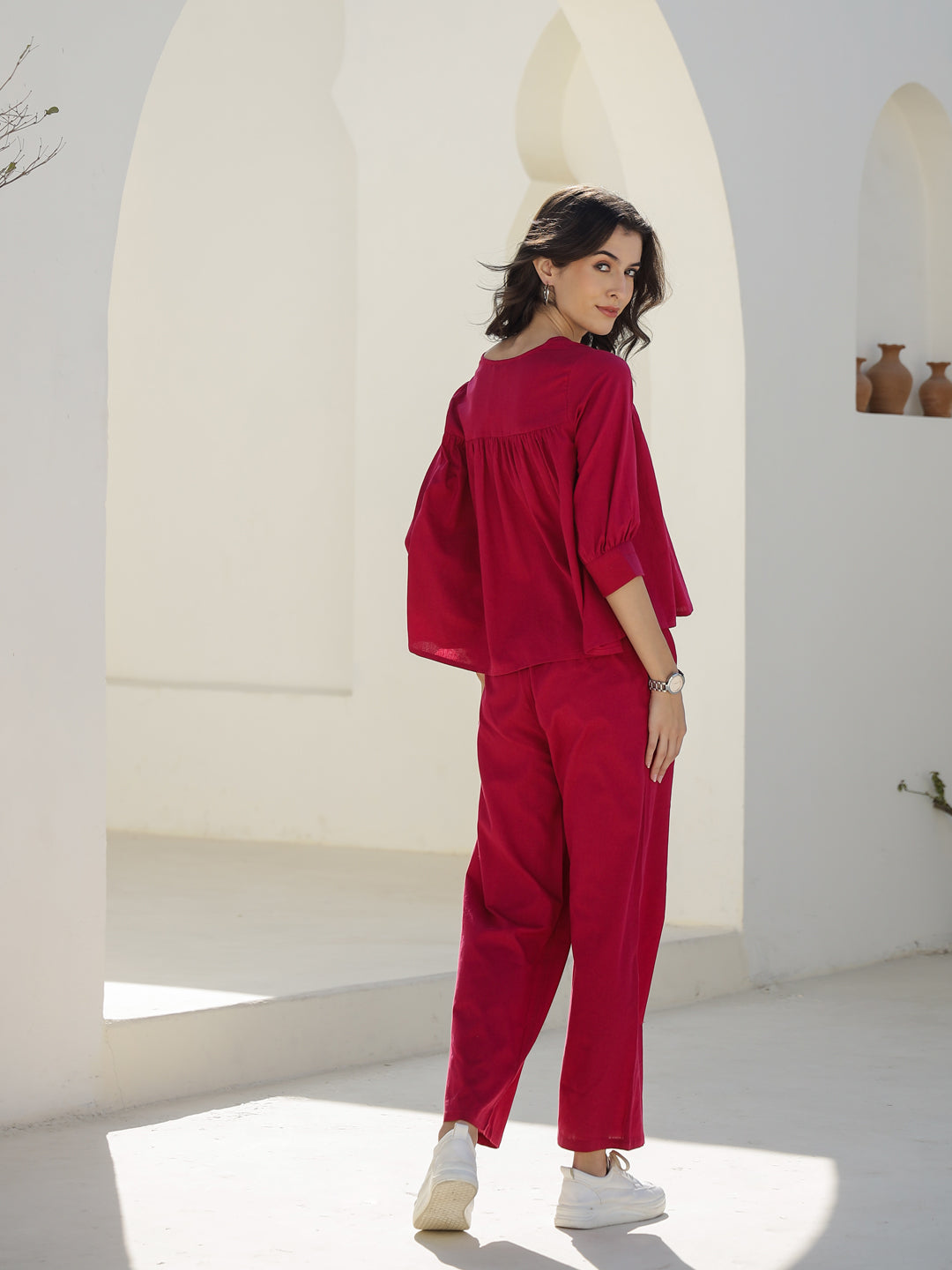 Pink Solid Print V-Neck Co-Ords Set