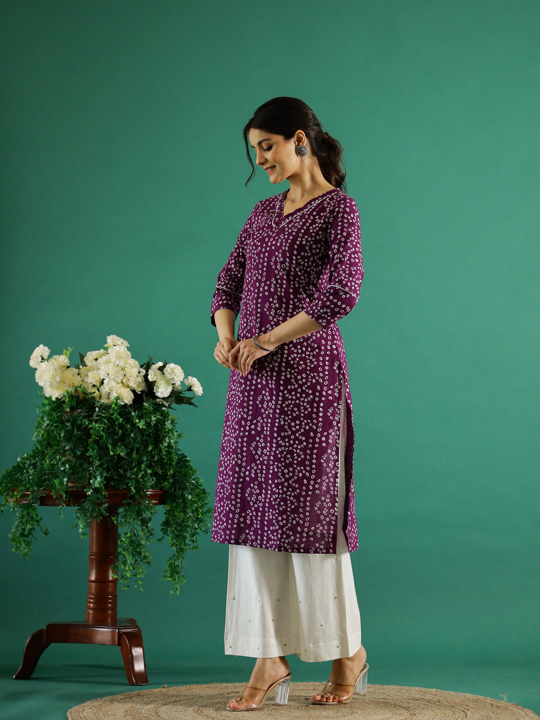Purple White Dotted Printed Cotton Kurta