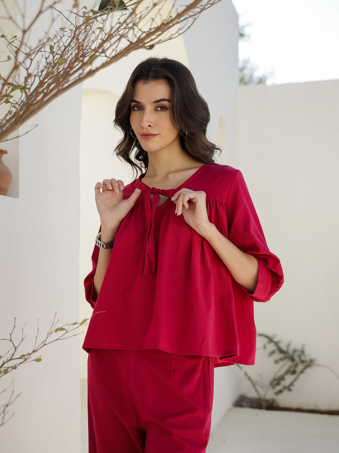 Pink Solid Print V-Neck Co-Ords Set