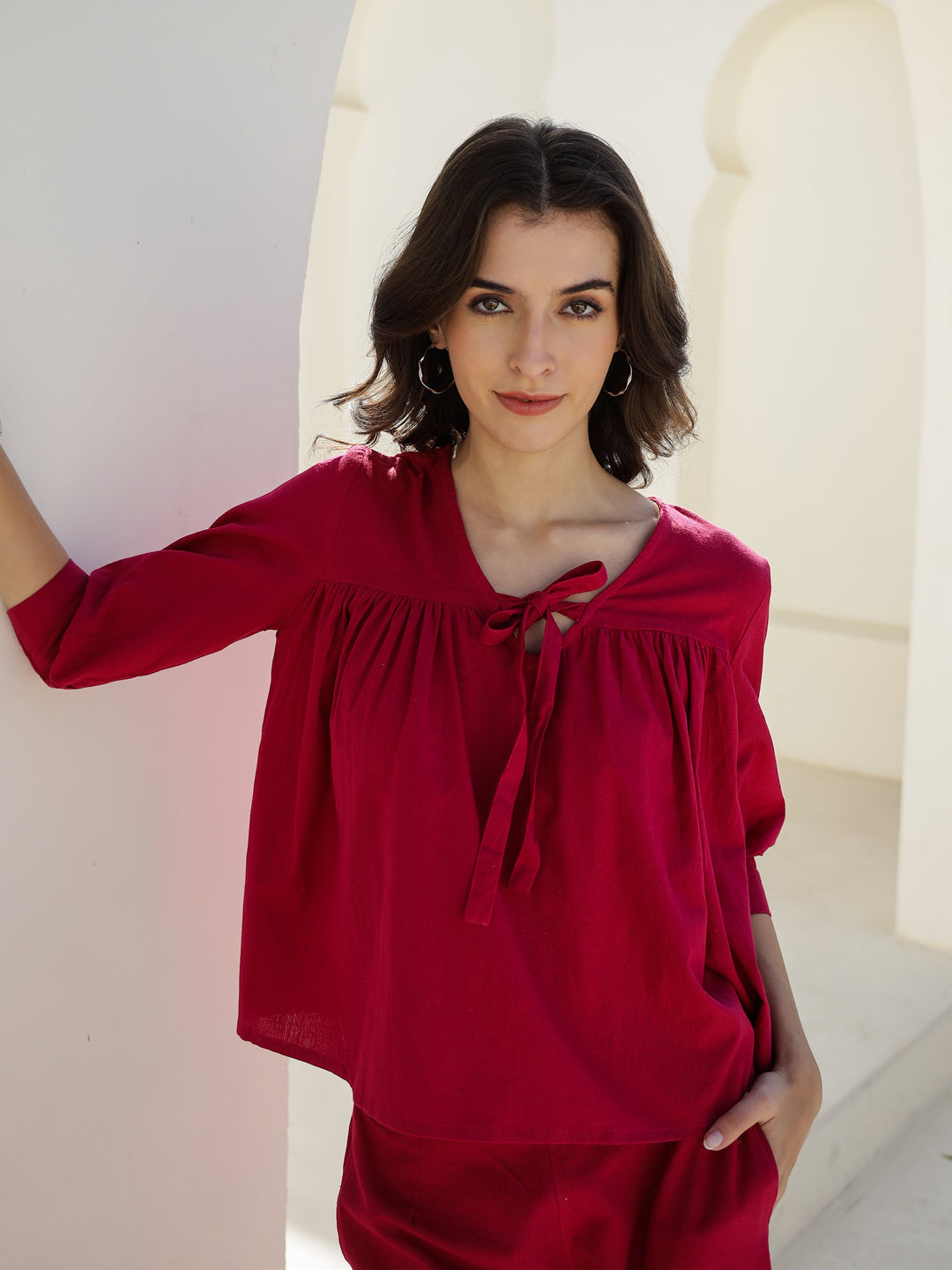 Pink Solid Print V-Neck Co-ords Set