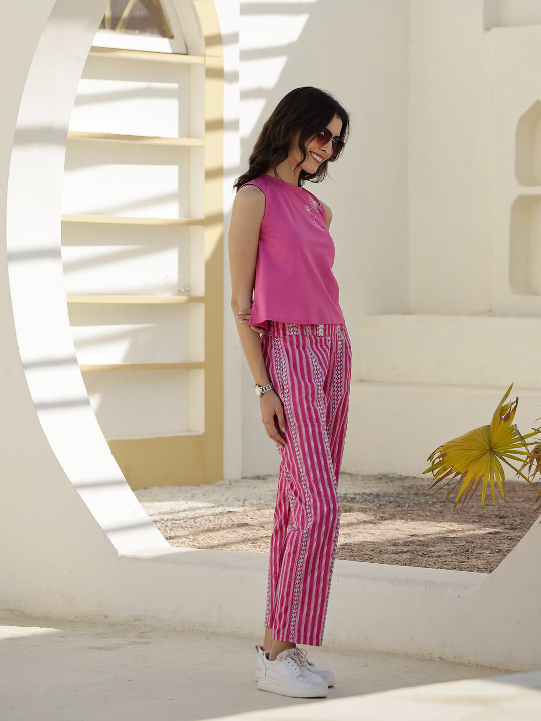 Pink Round Neck Cotton Night Suit