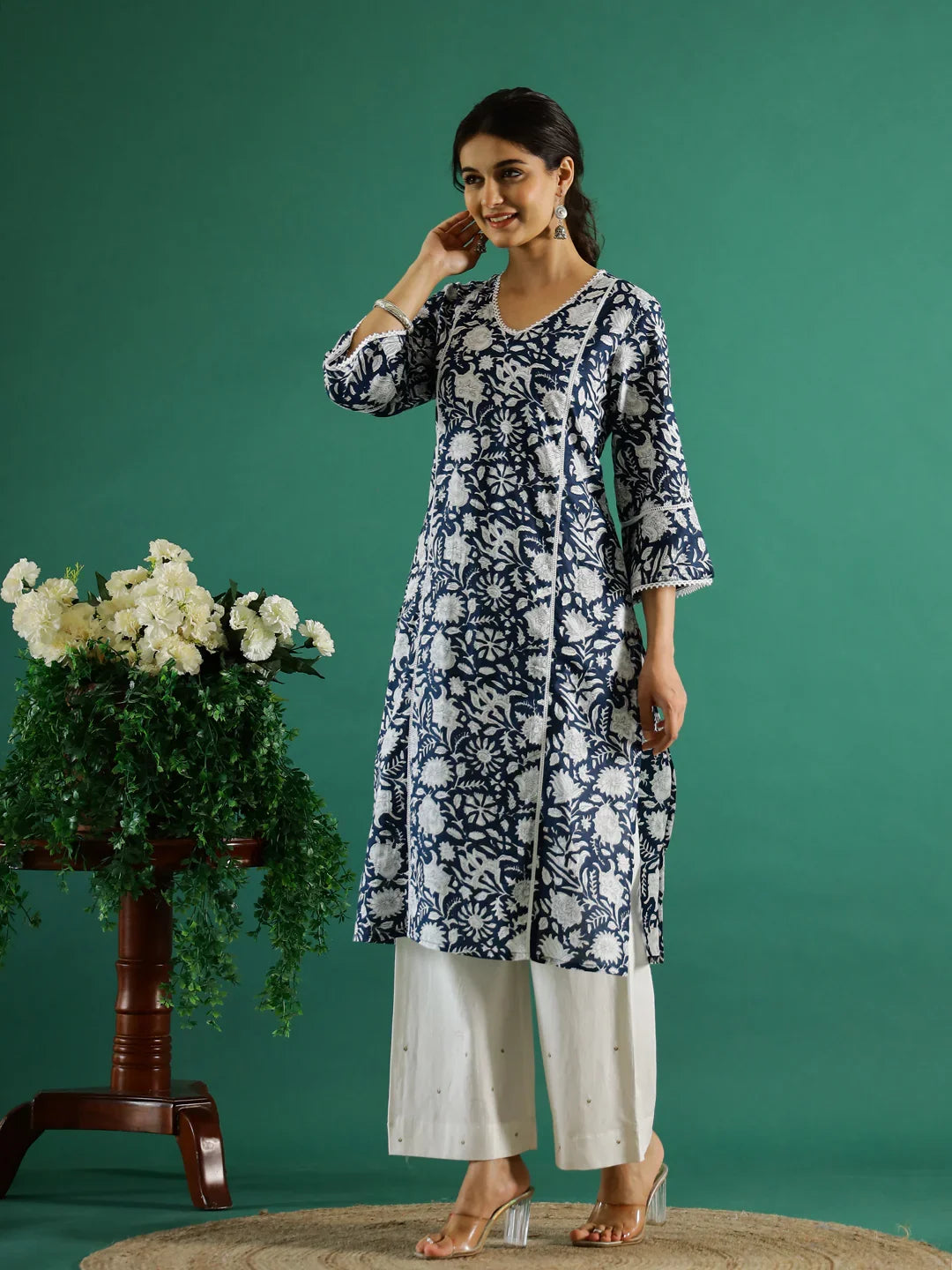 Floral Printed Round Neck Kurta for Women - SanskrutiHomes