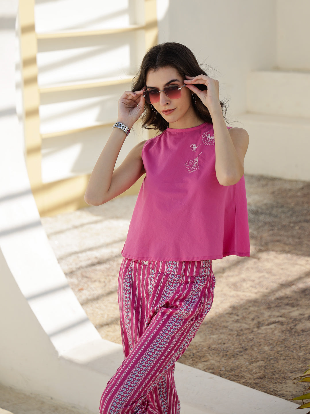 Pink Round Neck Cotton Night Suit