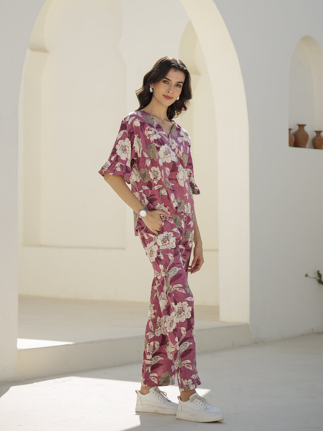 V-Neck Floral Printed Cotton Co-ords Set