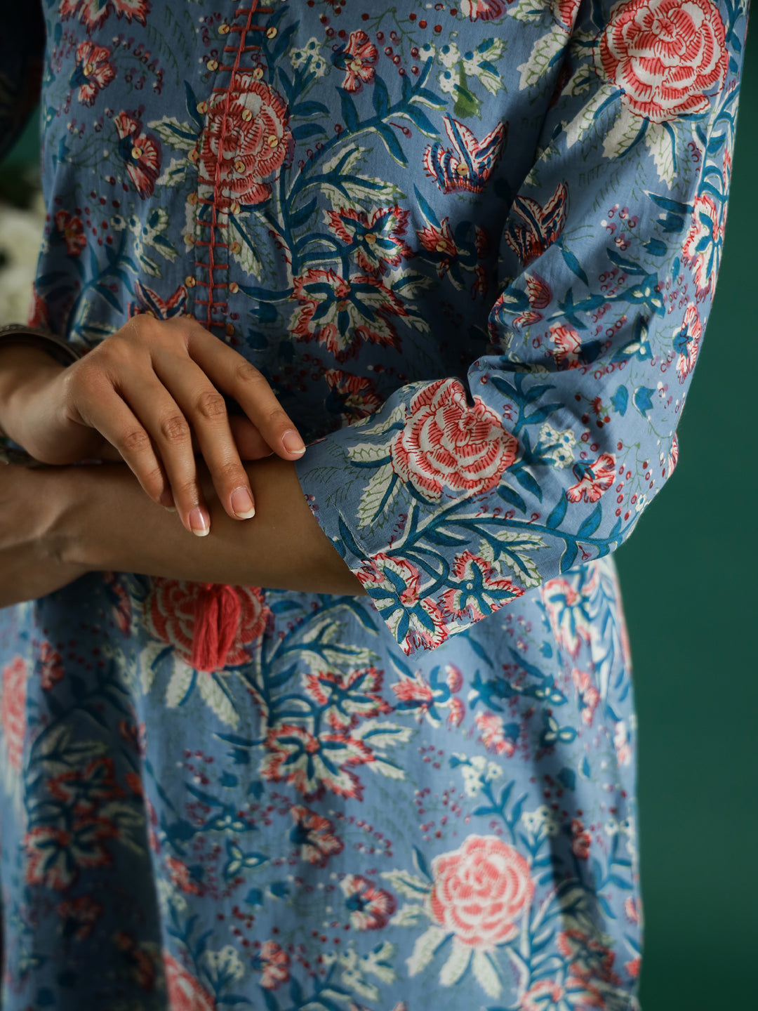 Blue Flower Printed Round Neck Cotton Kurta