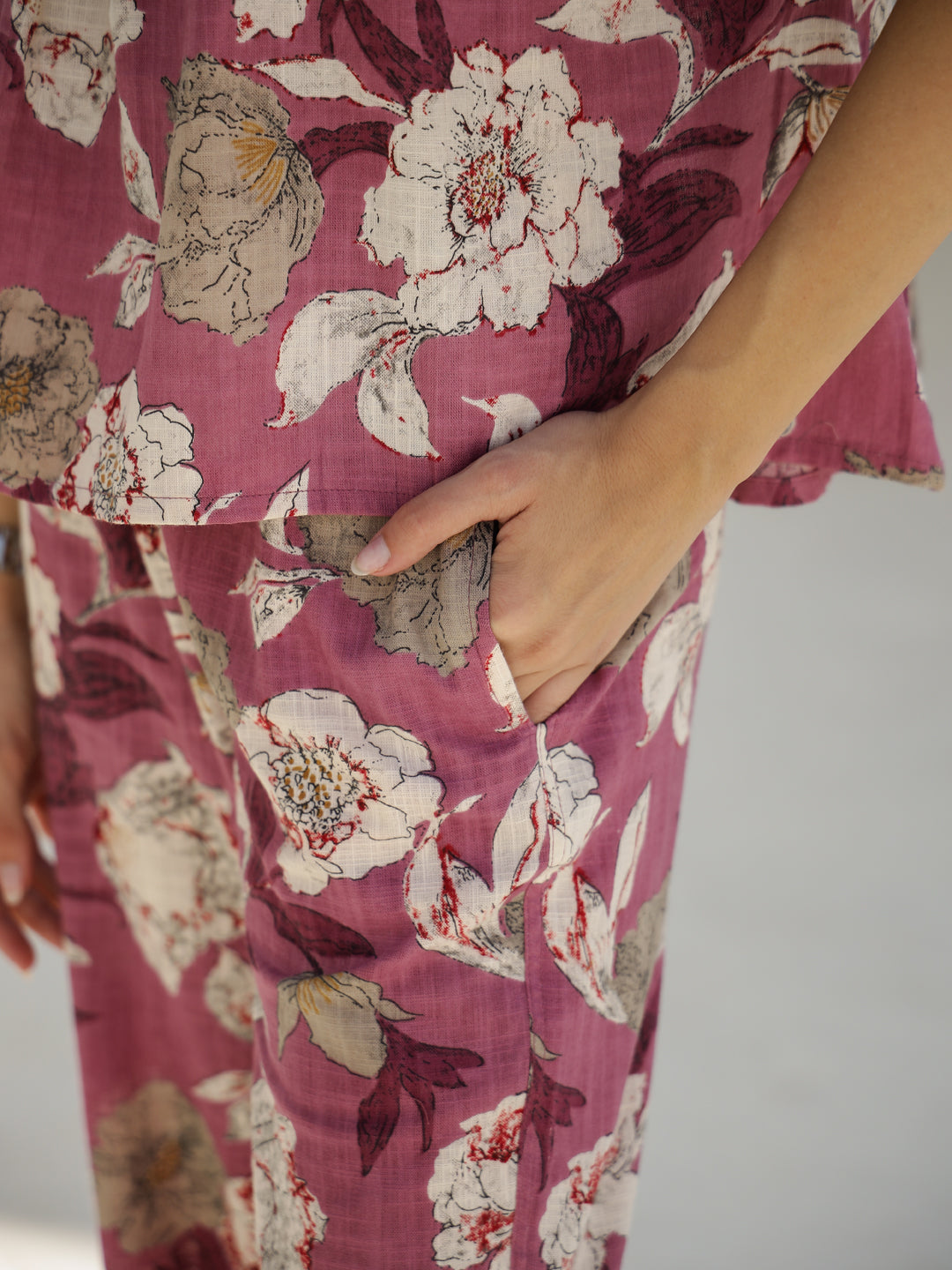 V-Neck Floral Printed Cotton Co-ords Set