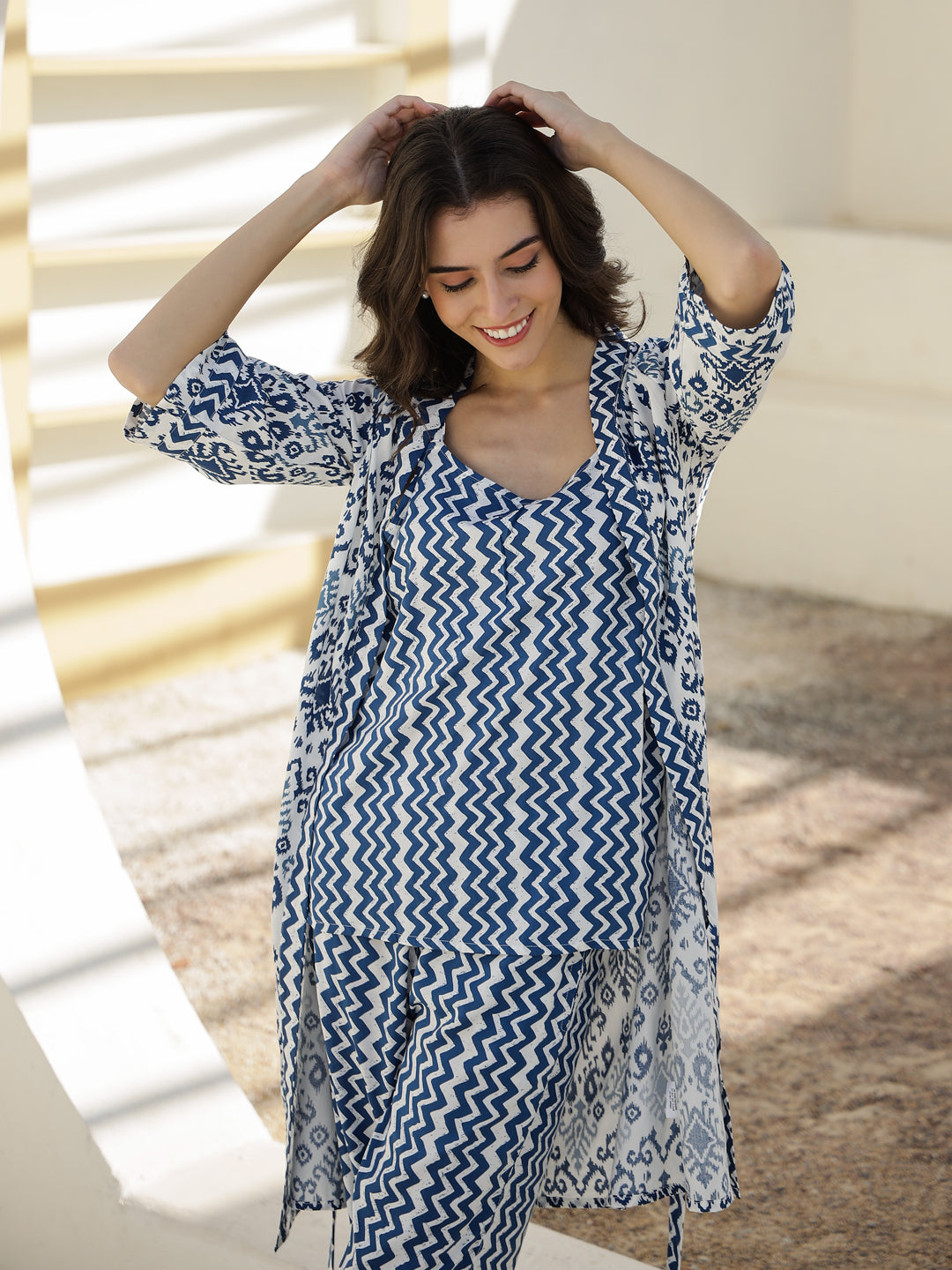 Set Of 3 Geometric Print Night Suit