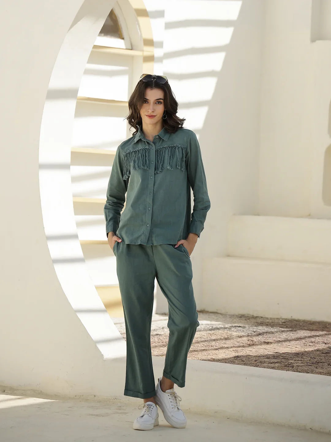 Green Solid Print Cotton Co-Ords Set