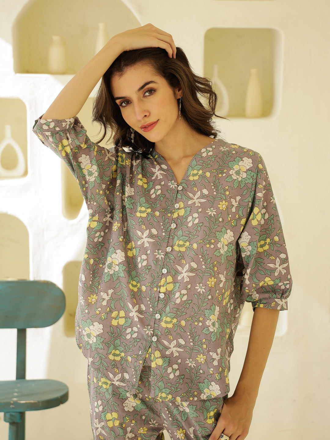 Grey V-Neck Cotton Co-Ords Set