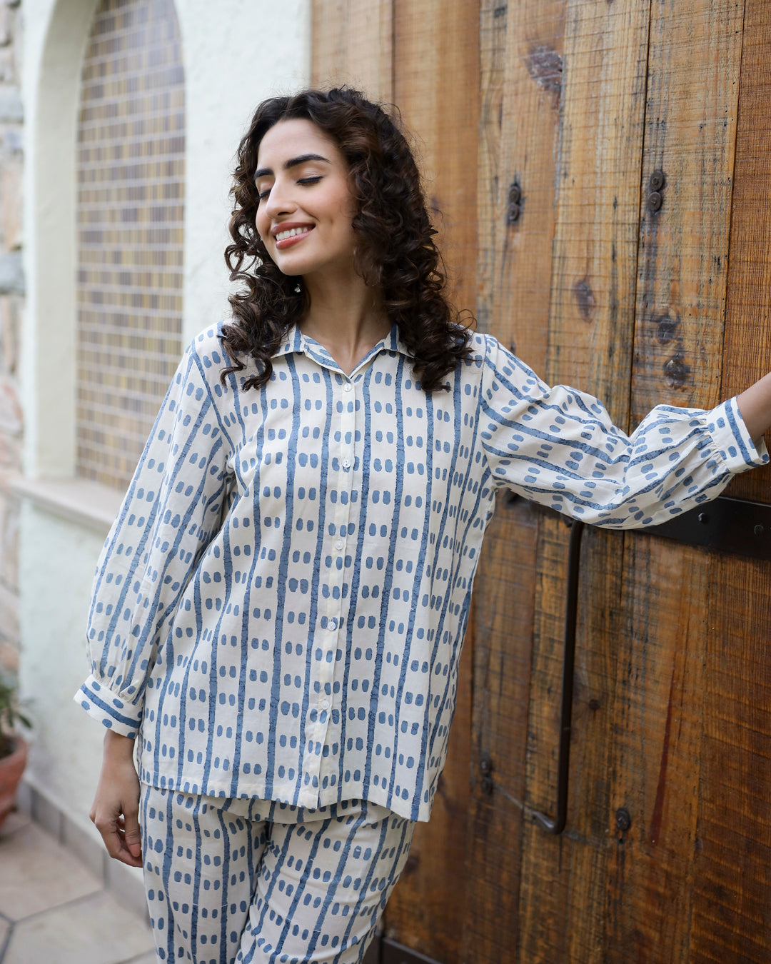 Blue Dotted Row Cotton Night Suit