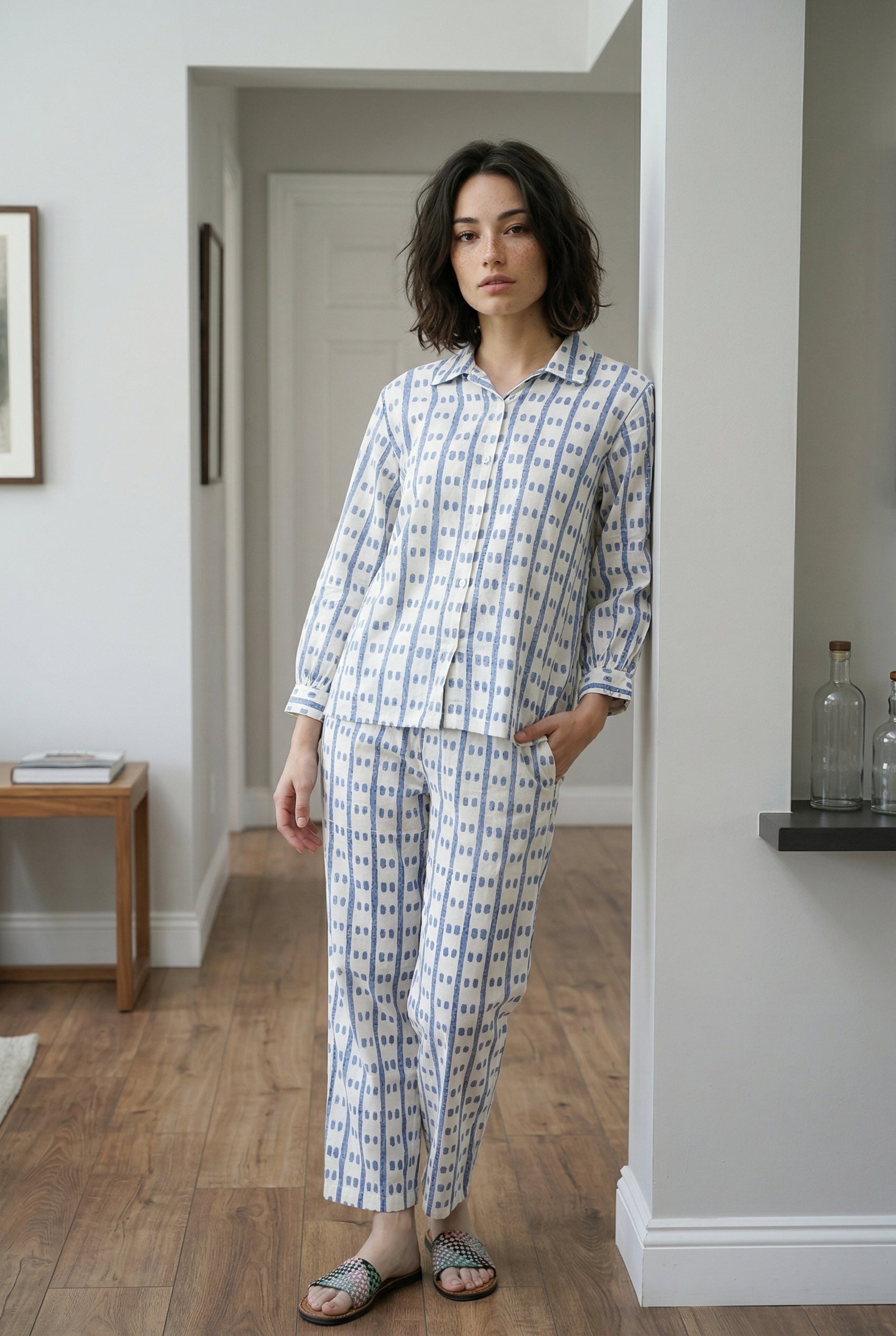 Grey Geometric Print Shirt Collar Pure Cotton Night Suit For Women