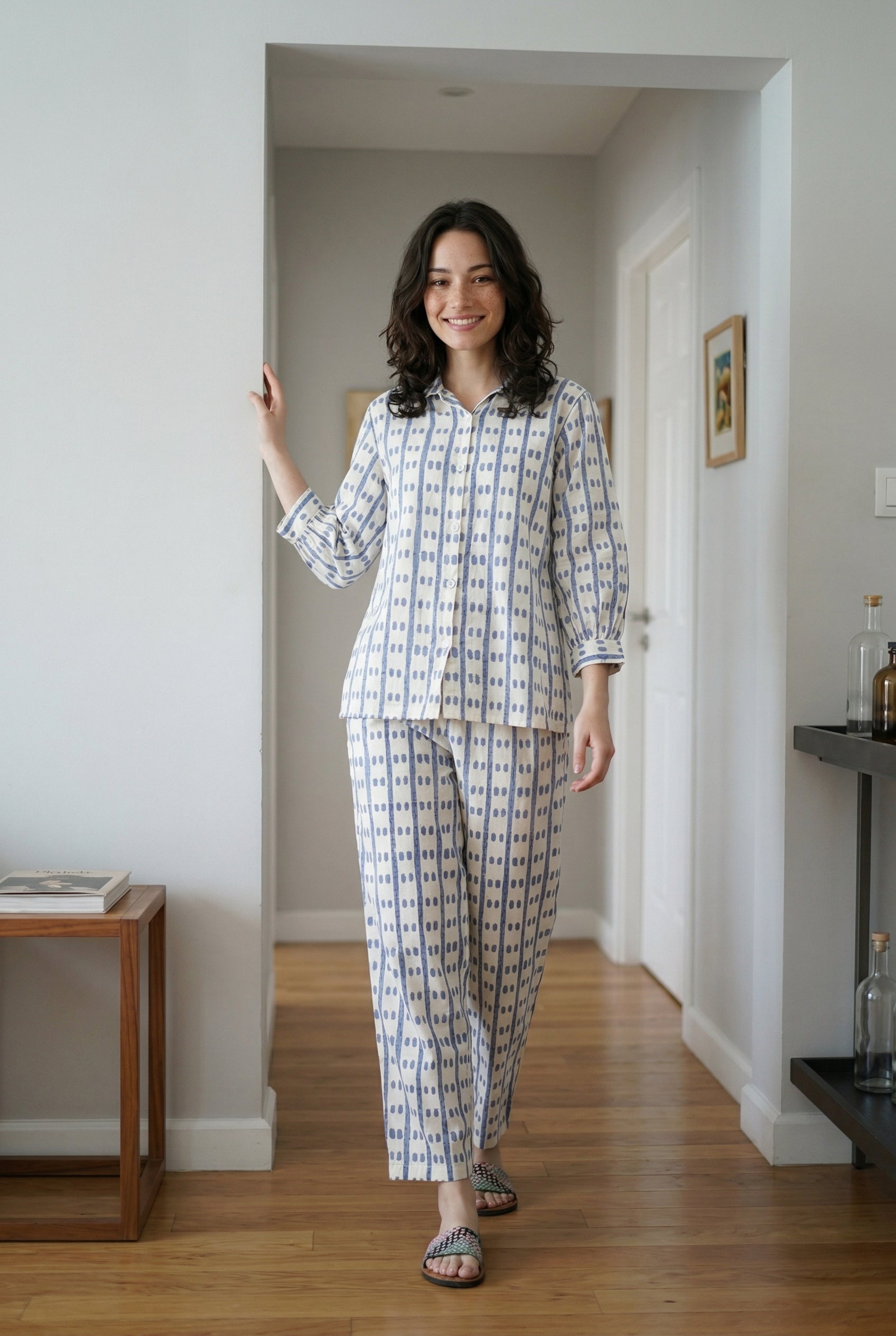 Grey Geometric Print Shirt Collar Pure Cotton Night Suit For Women