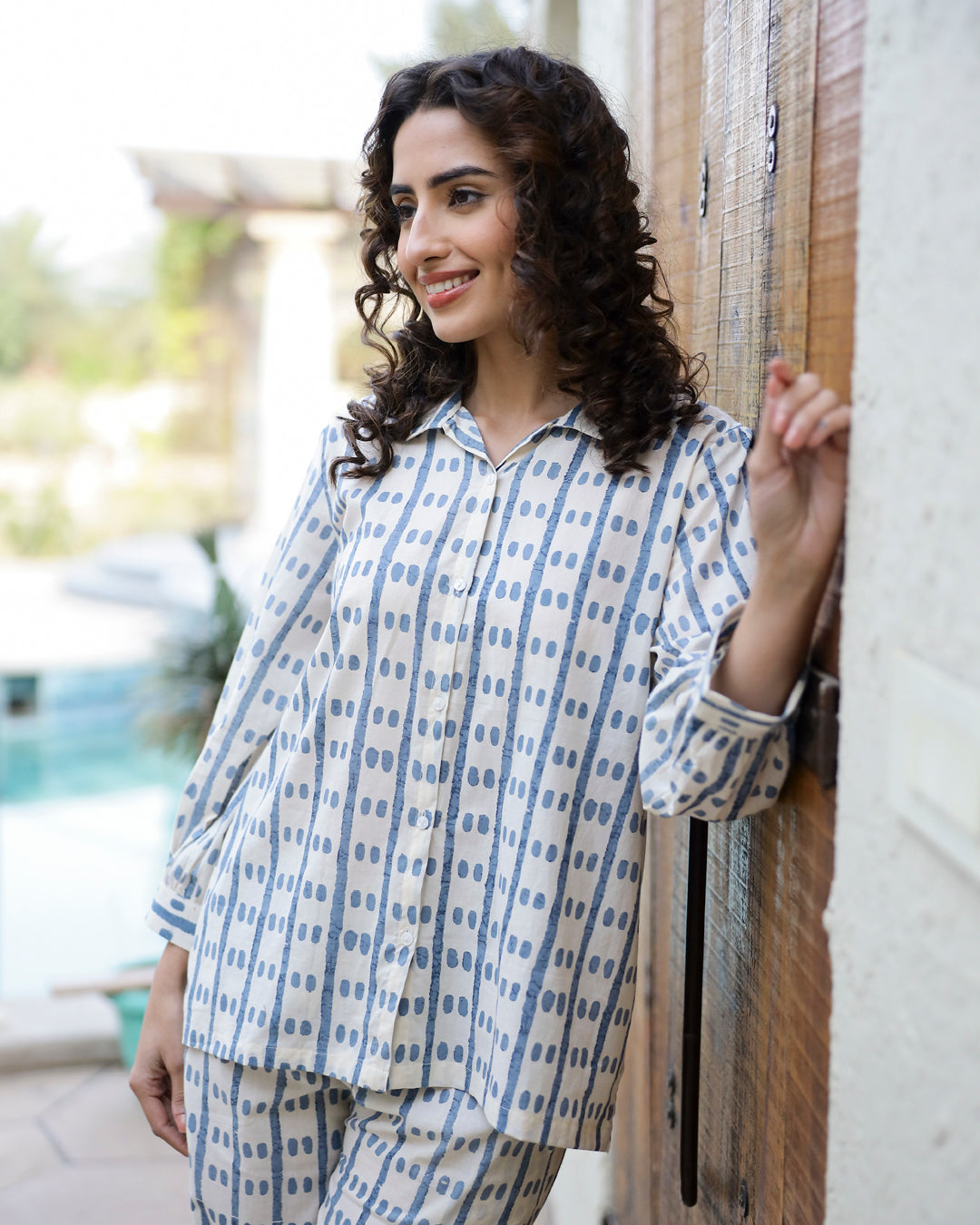 Blue Dotted Row Cotton Night Suit