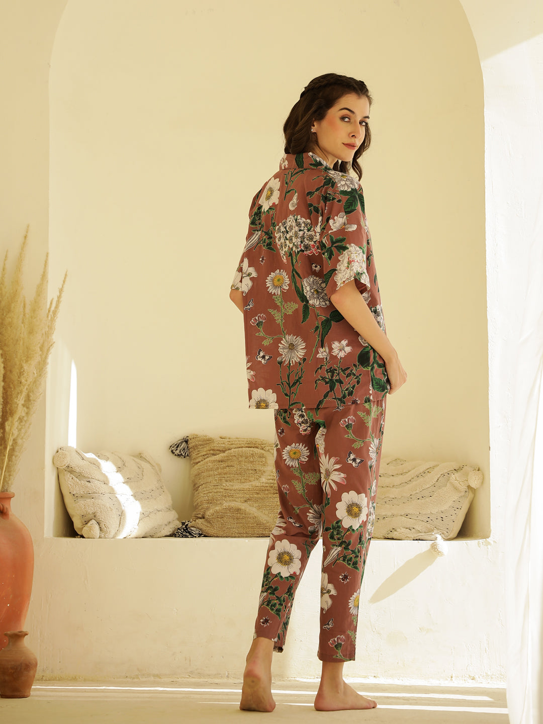 Brown Floral Printed Cotton Night Suit