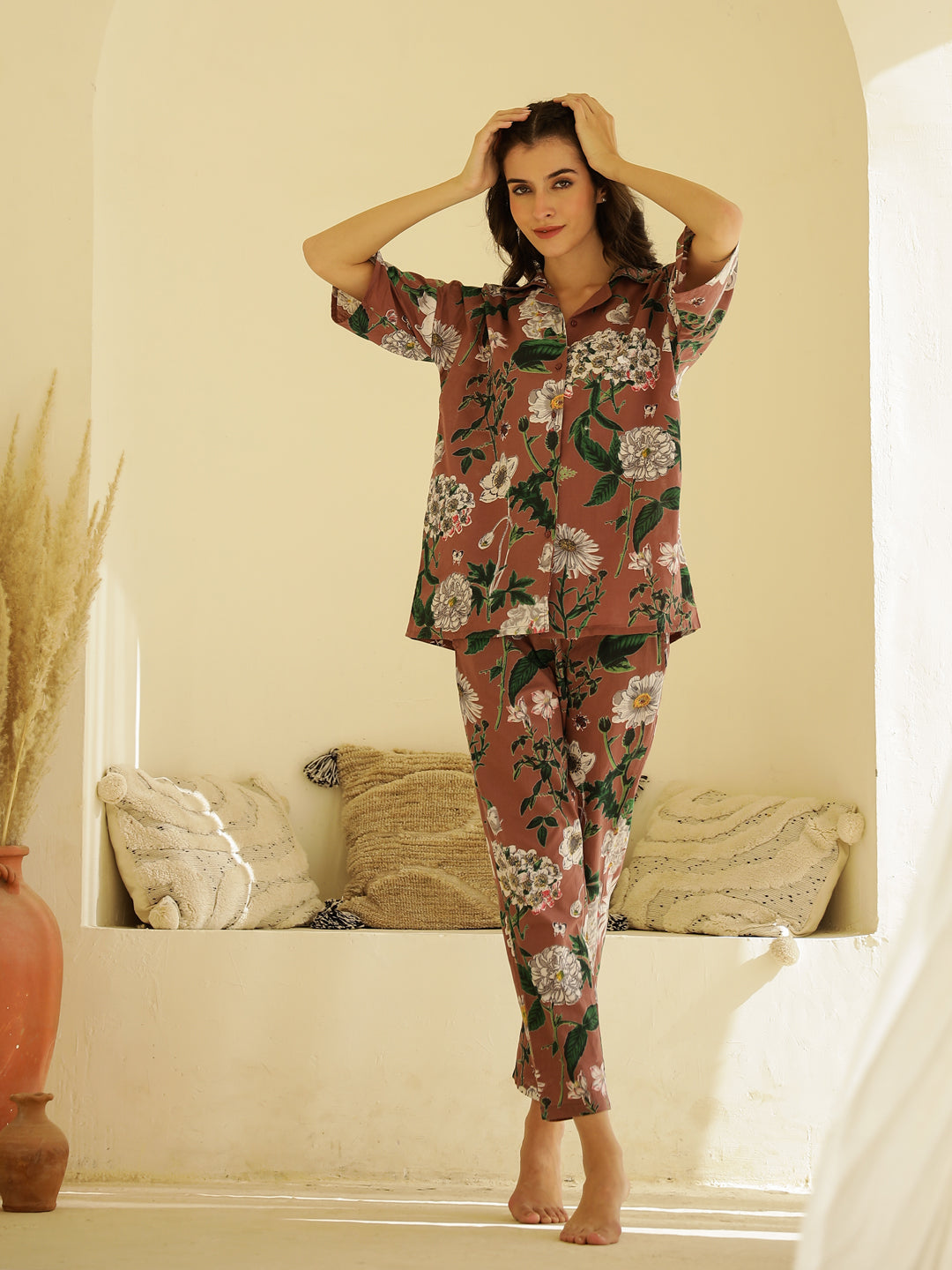 Brown Floral Printed Cotton Night Suit