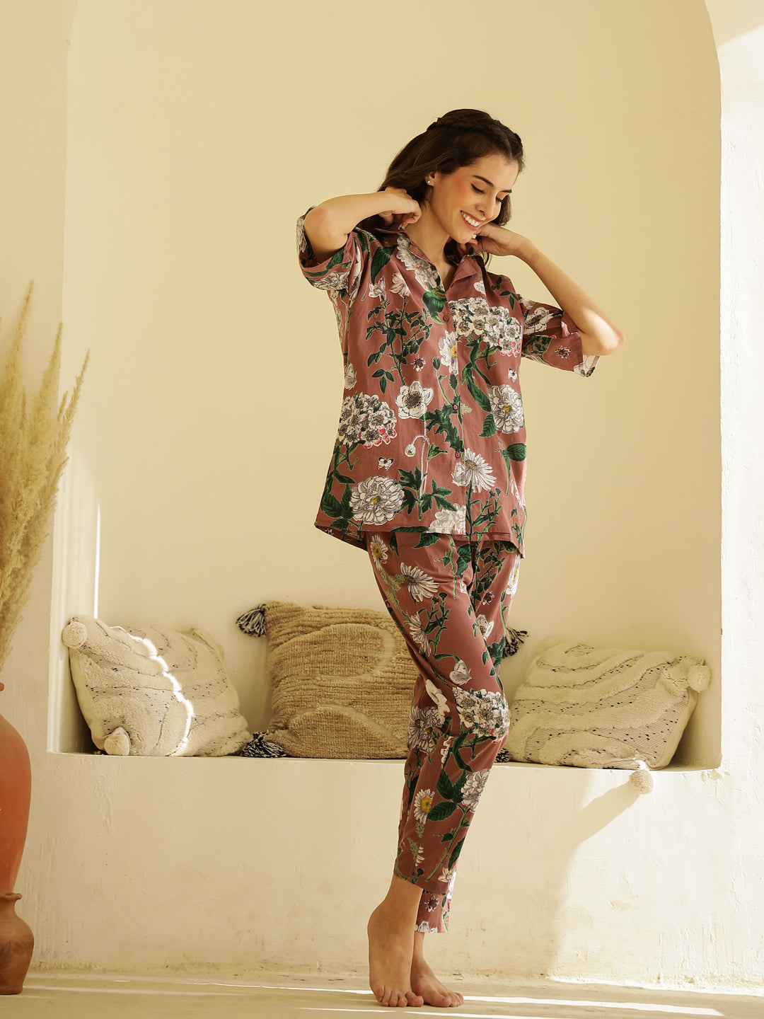 Brown Floral Printed Cotton Night Suit