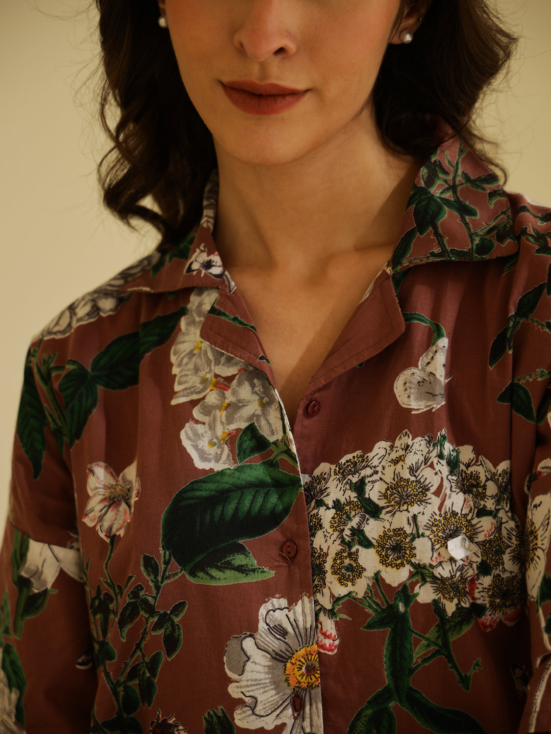 Brown Floral Printed Cotton Night Suit