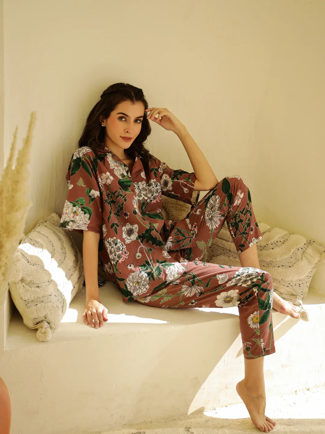Brown Floral Printed Cotton Night Suit