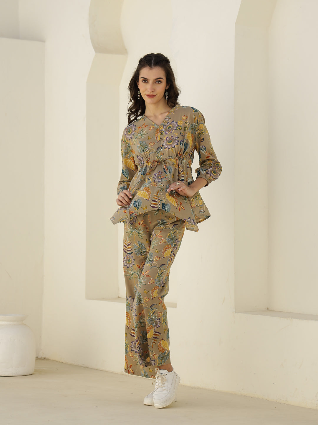 V-Neck Floral Printed Cotton Night Suit - SanskrutiHomes