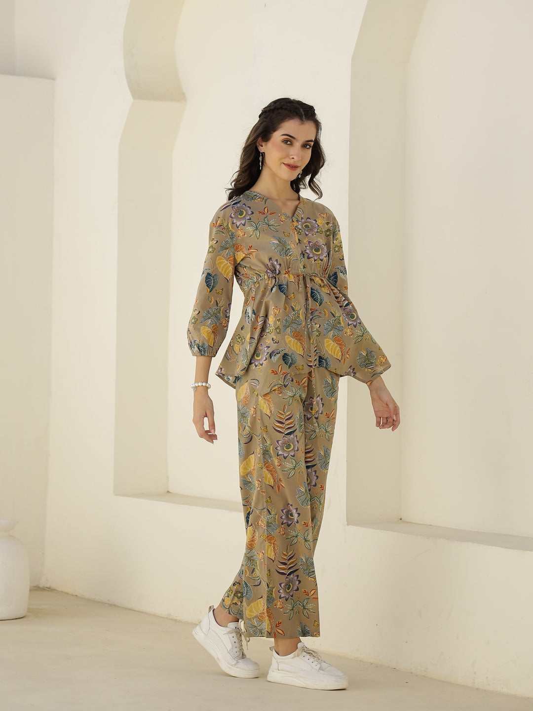 V-Neck Floral Printed Cotton Night Suit - SanskrutiHomes