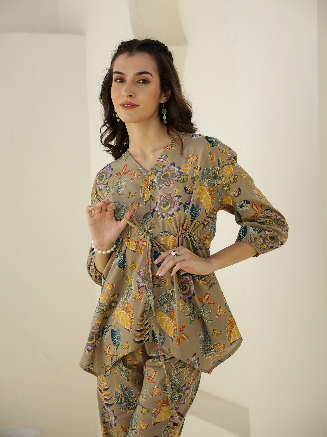 V-Neck Floral Printed Cotton Night Suit