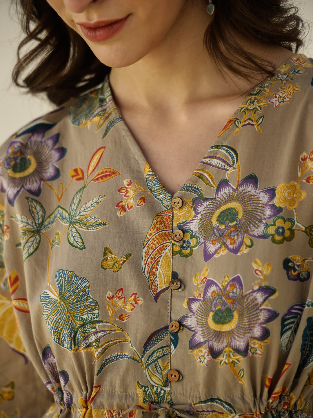 V-Neck Floral Printed Cotton Night Suit