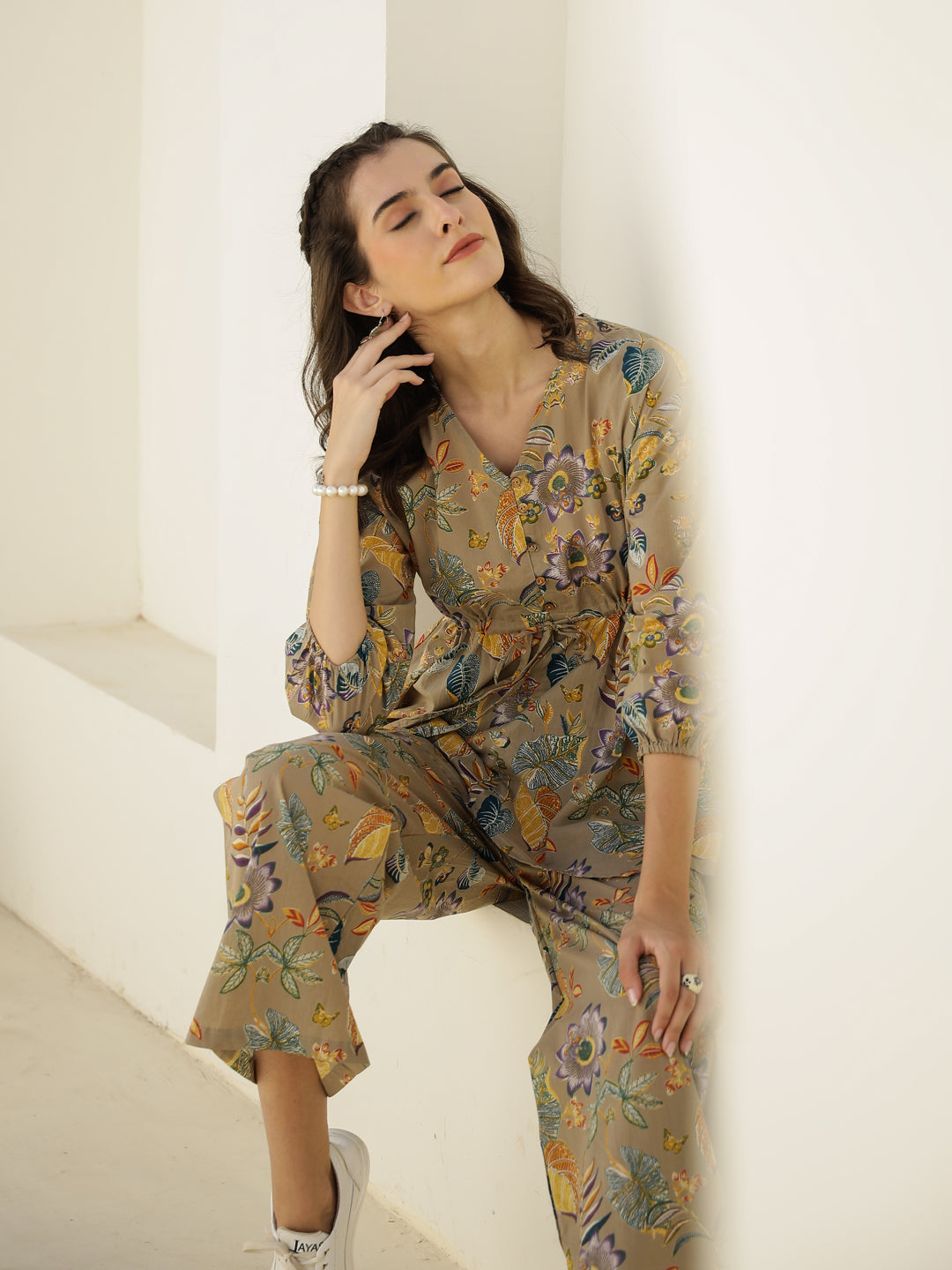 V-Neck Floral Printed Cotton Night Suit
