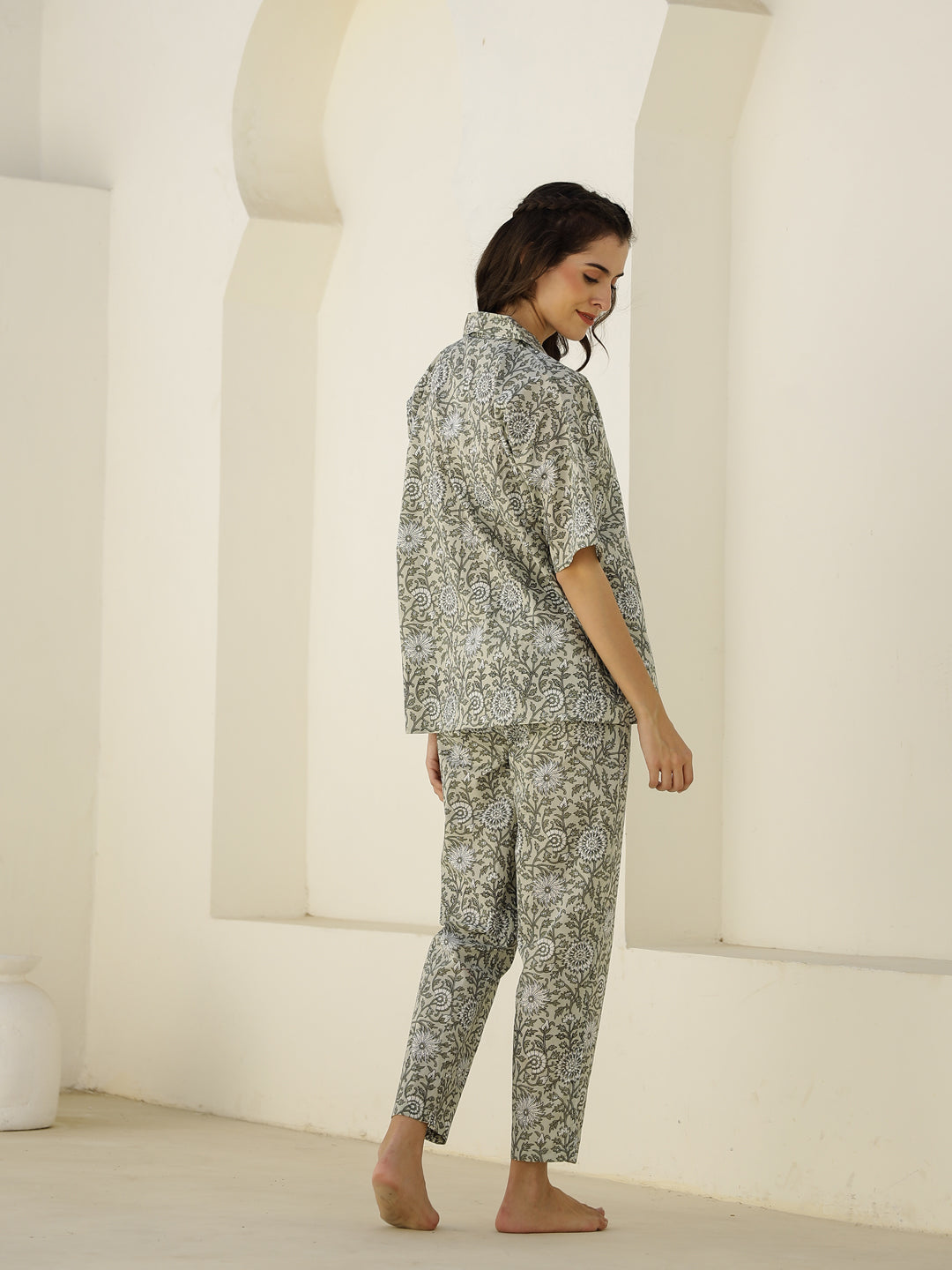 Cream Color Floral Printed Night Suit - SanskrutiHomes
