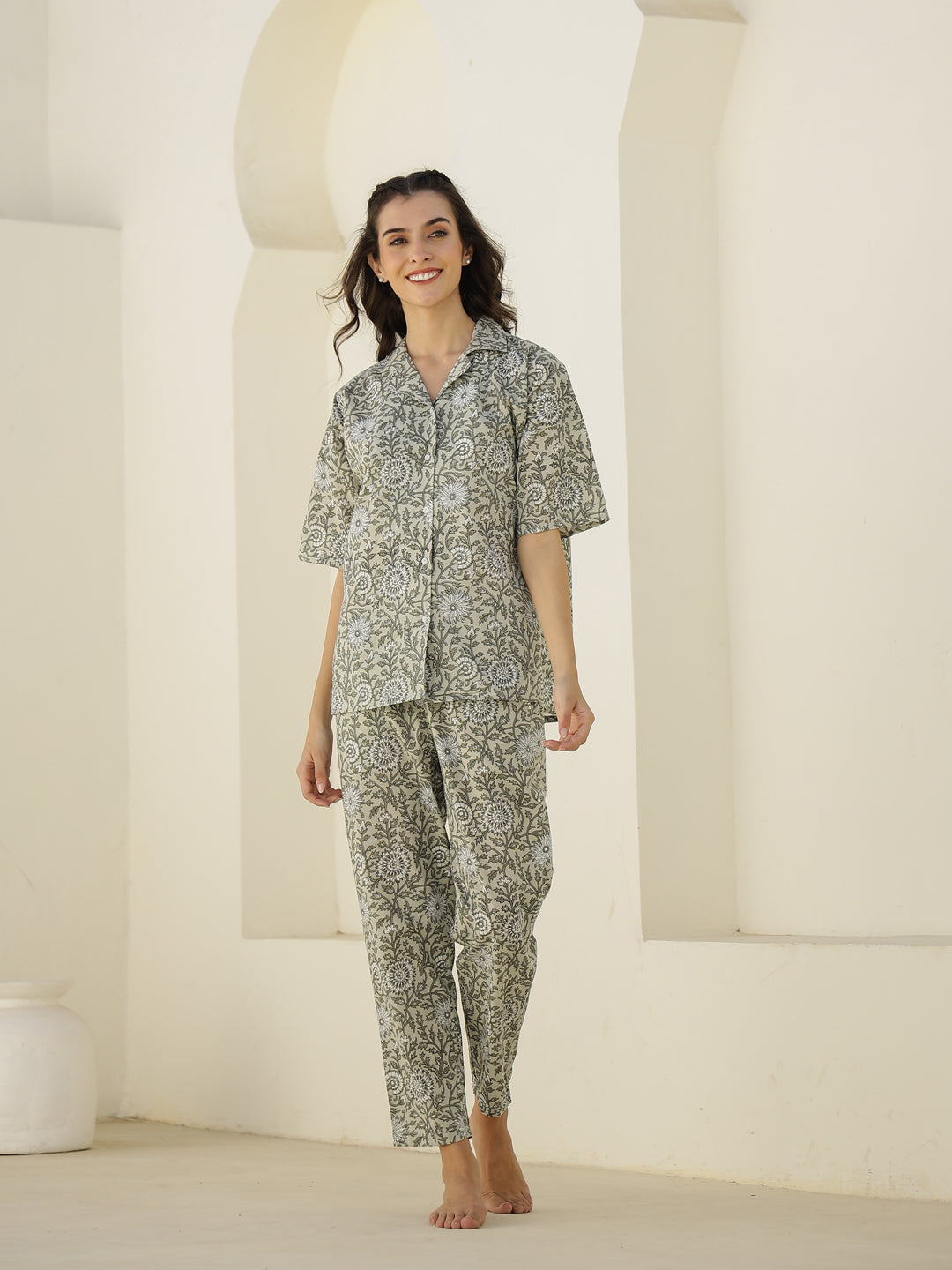 Cream Color Floral Printed Night Suit