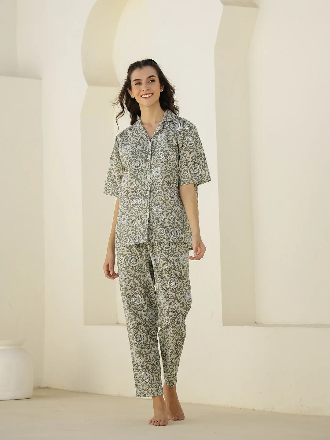 Cream Color Floral Printed Night Suit - SanskrutiHomes