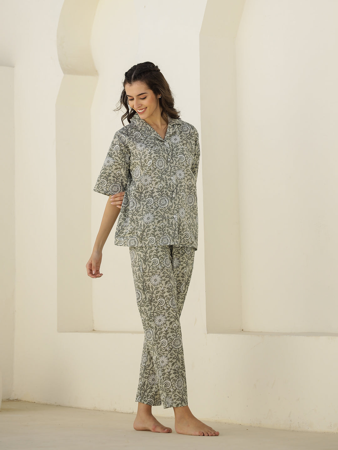 Cream Color Floral Printed Night Suit - SanskrutiHomes
