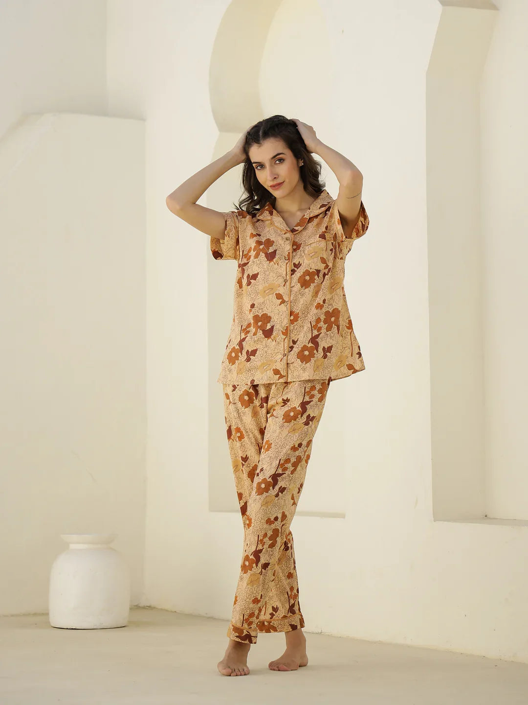 Brown Floral Printed Cotton Night Suit for Women - SanskrutiHomes