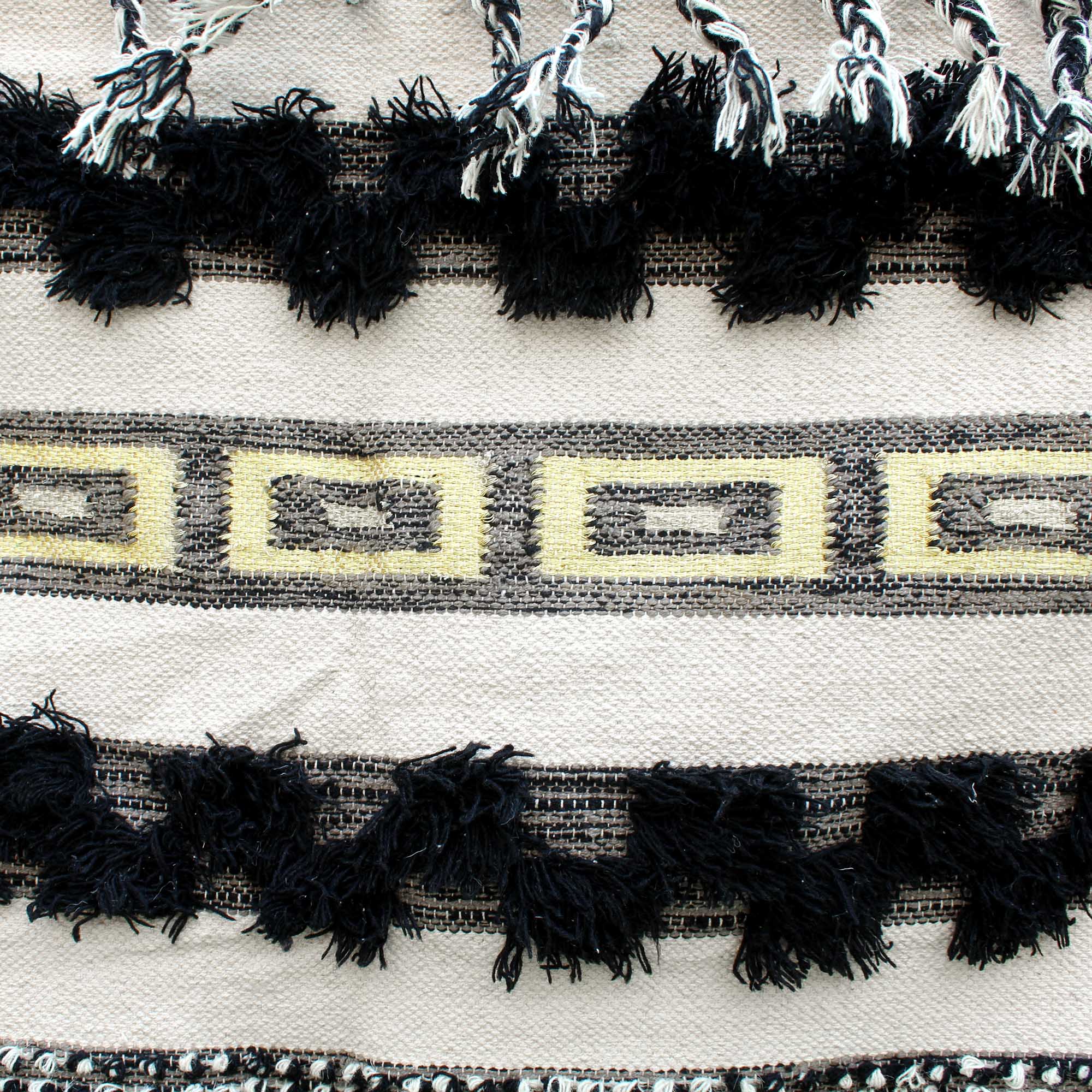 Beige & Black Hand-Woven Ruffle Cotton Rug With Zari Work