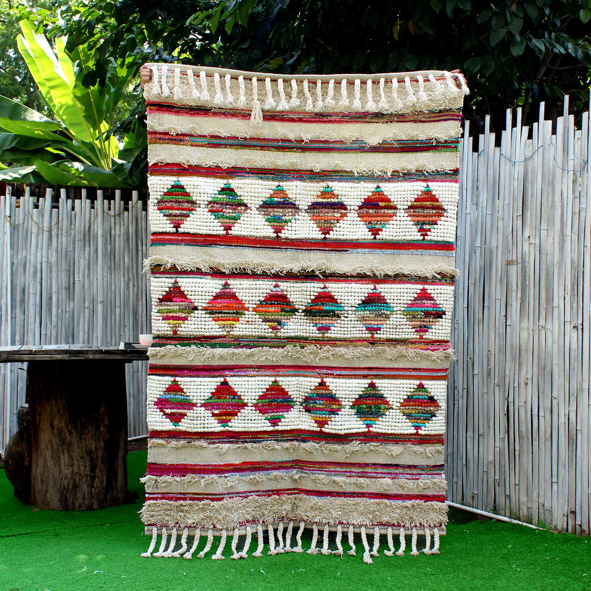 Multi-Color Geometric Hand-Woven Rug With Tassels