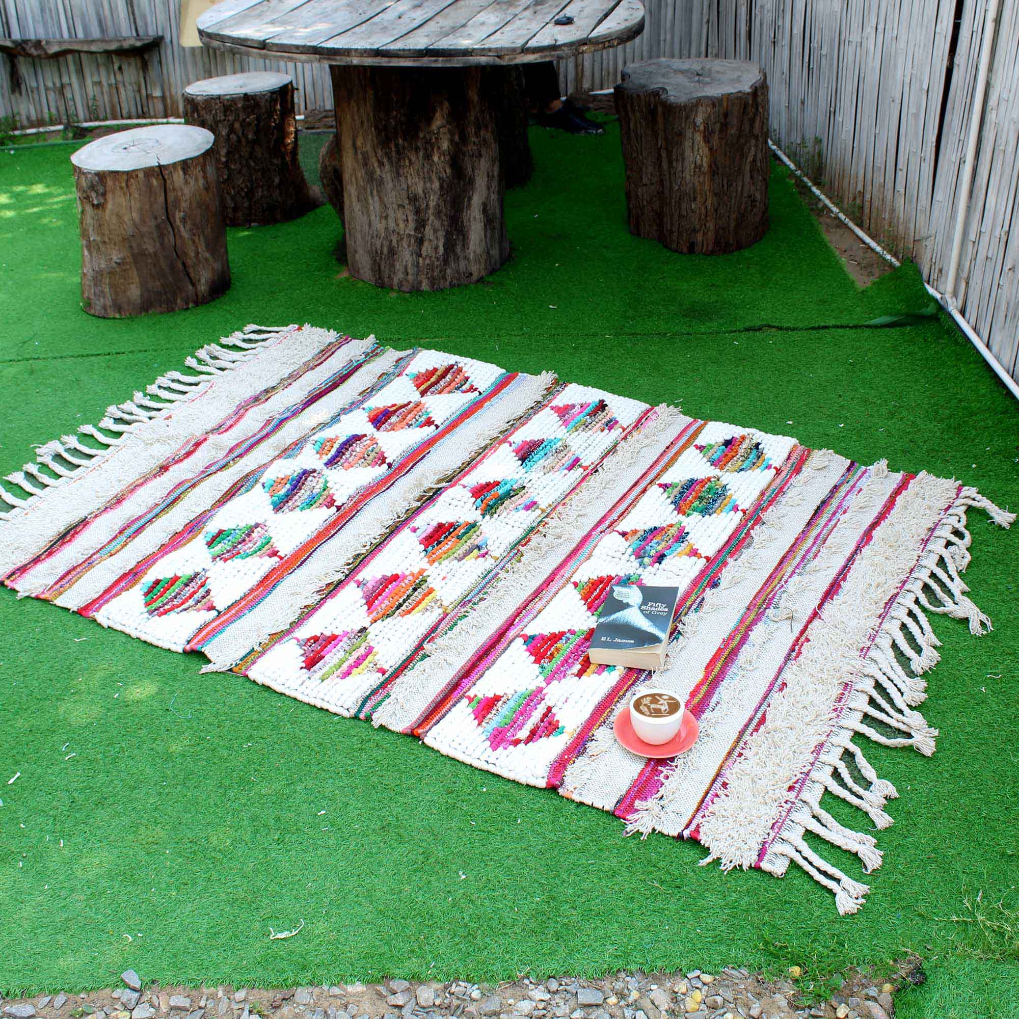 Multi-Color Geometric Hand-Woven Rug With Tassels