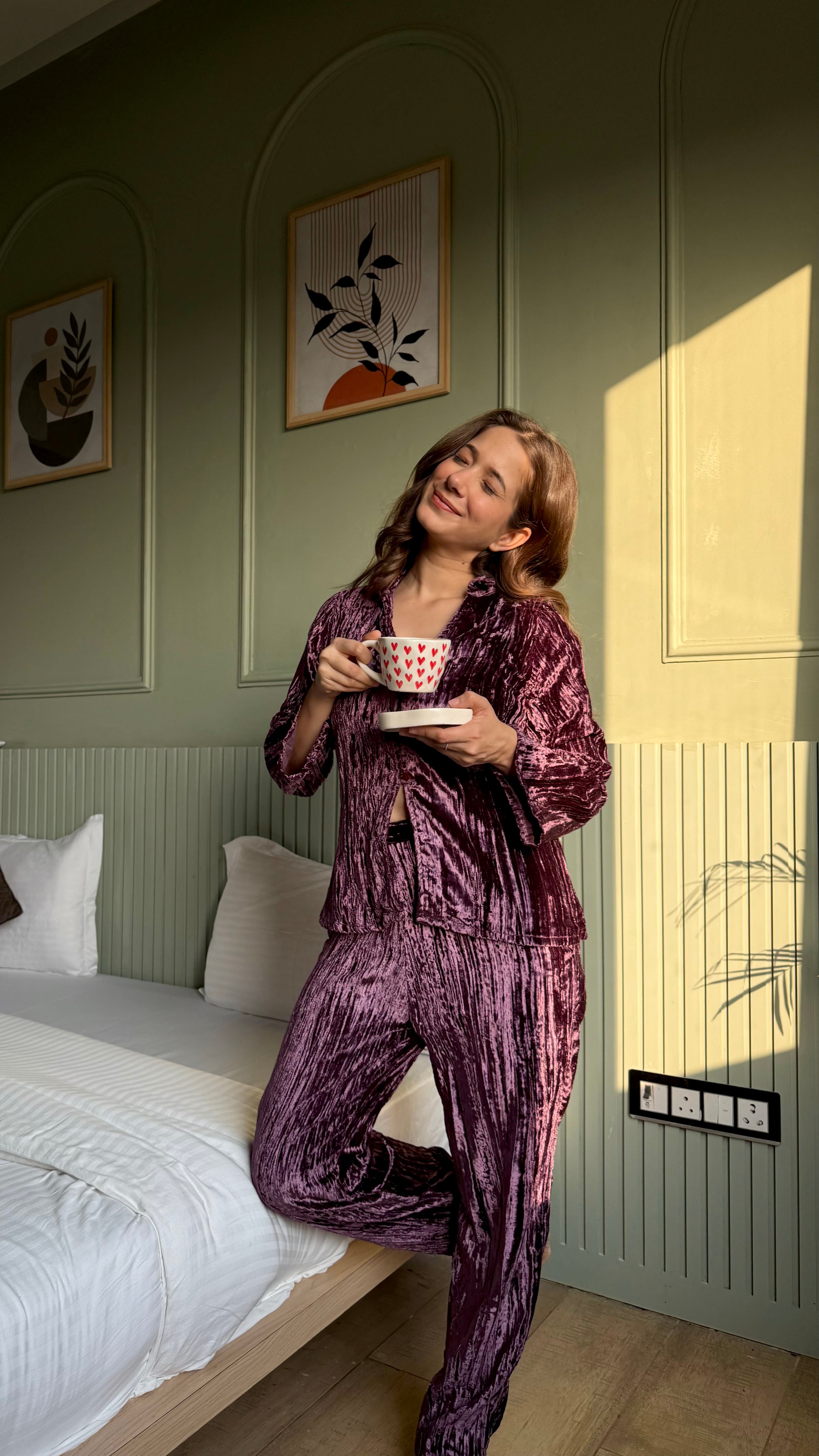 Purple Color Shirt Collar Velvet Night Set for Women