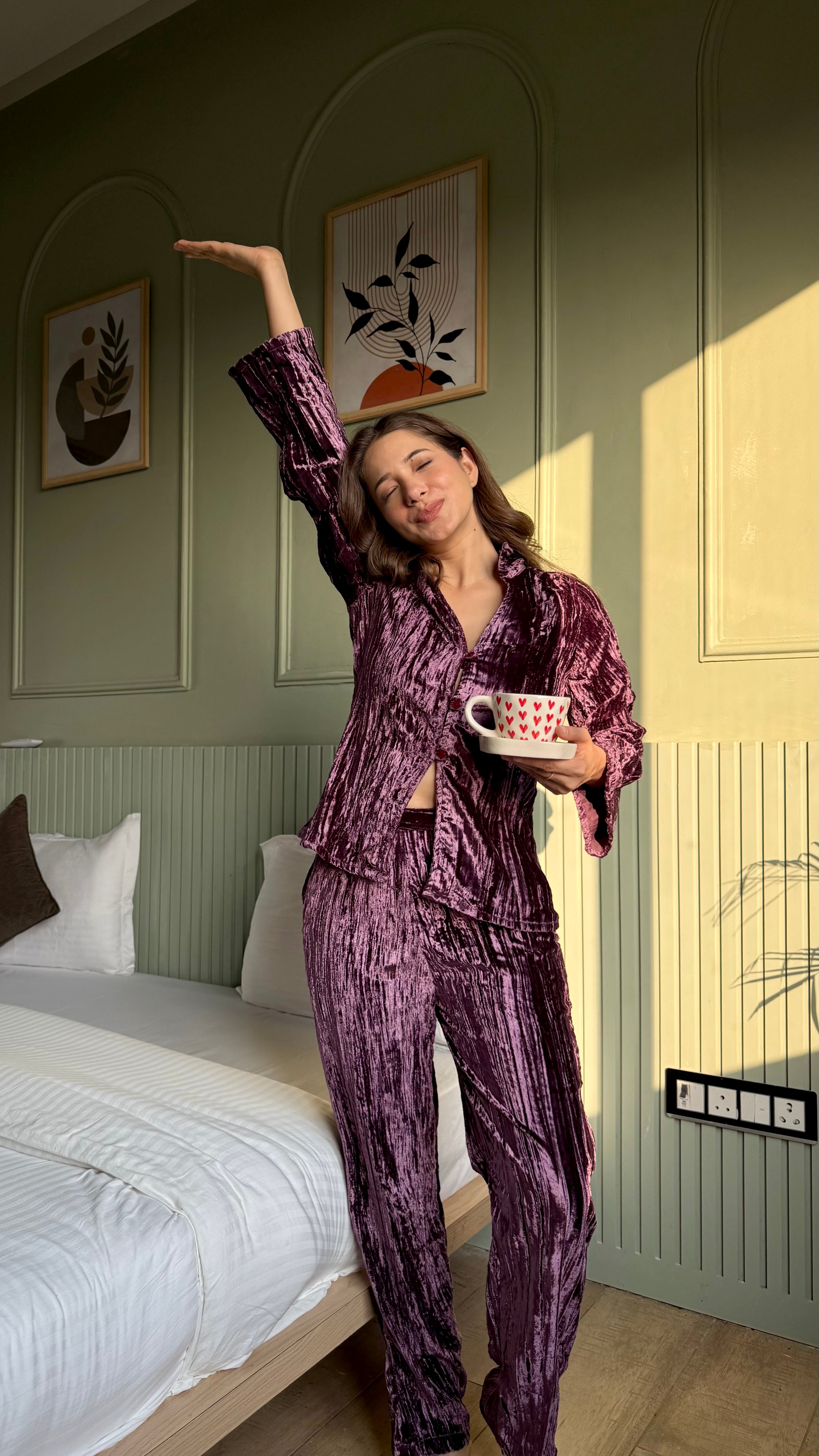 Purple Color Shirt Collar Velvet Night Set for Women