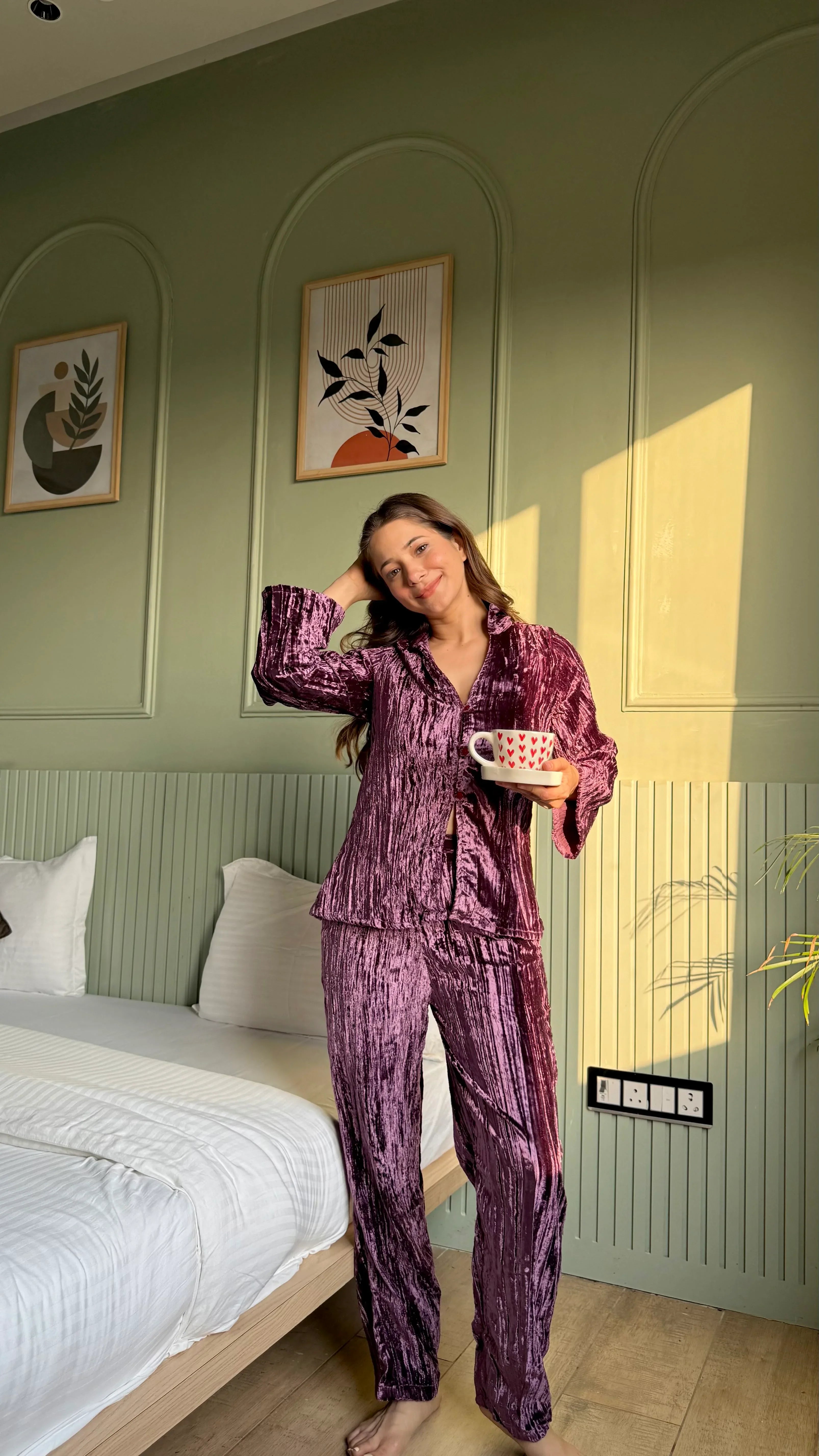 Purple Color Shirt Collar Velvet Night Set for Women - SanskrutiHomes